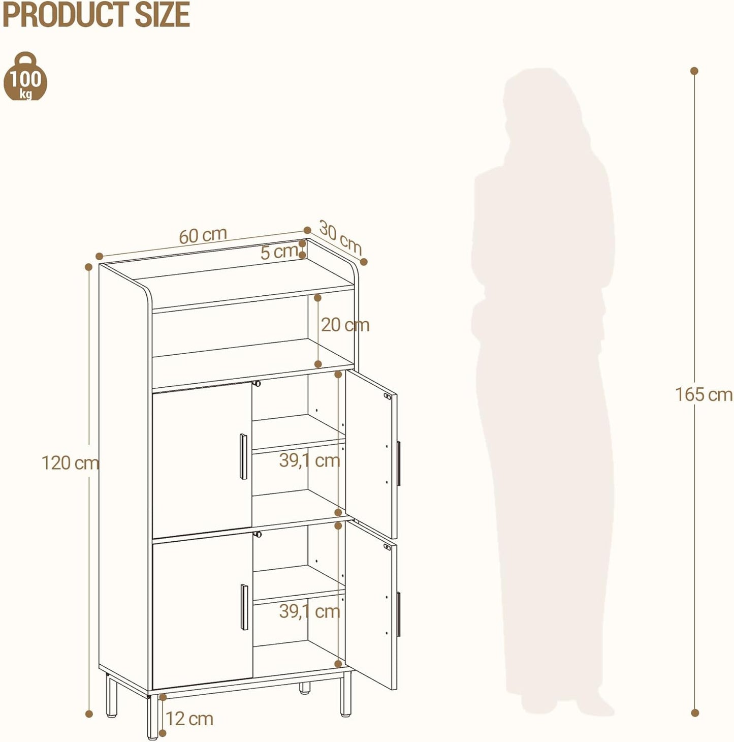 Hzuaneri SC45613G Bathroom Cabinet, Kitchen Cabinet, Storage Cabinet, 4 Doors and 1 Open Area, Adjustable Shelf, Bathroom, Living Room, Study, 30 x 60 x 120 cm, White