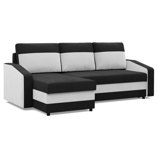 Mebligo - Orion Corner Sofa with Sleep Function and Bed Box, Universal Side Corner Sofa, L Shape (W x D x H) 231 x 140 x 85 cm, Couch Living Room, Corner Sofa, Black + Pink (Micro 15 + Micro 28)