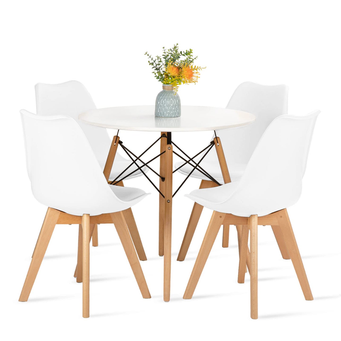 FURNITABLE Round Dining Room Table with 4 White Chairs Dining Room Set for Dining Room Kitchen Living Room