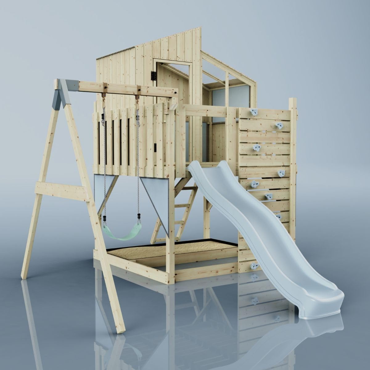 Rebo Spielturm mit Spielhaus inkl. Wellenrutsche und Kinder-Schaukel | Outdoor Klettergerüst Garten | Kletterwand und Kletterleiter | Stabile Konstruktion, Weiches Gefühl in den Seilen