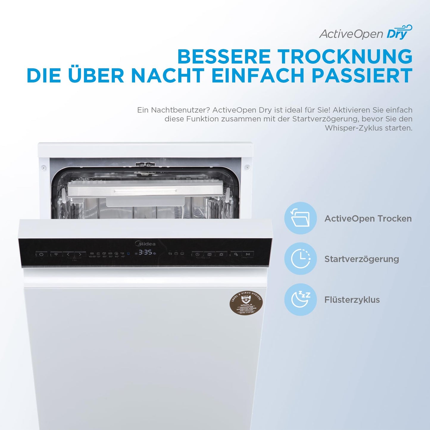 Midea MDWEU1435XSS-W Dishwasher, Integrated, 14 Place Settings, 60 cm, Partially Integrated with WiFi, Extra Drying, 7 Programmes, 47 dB, 0-24 Hours Start Time Delay, Stainless Steel