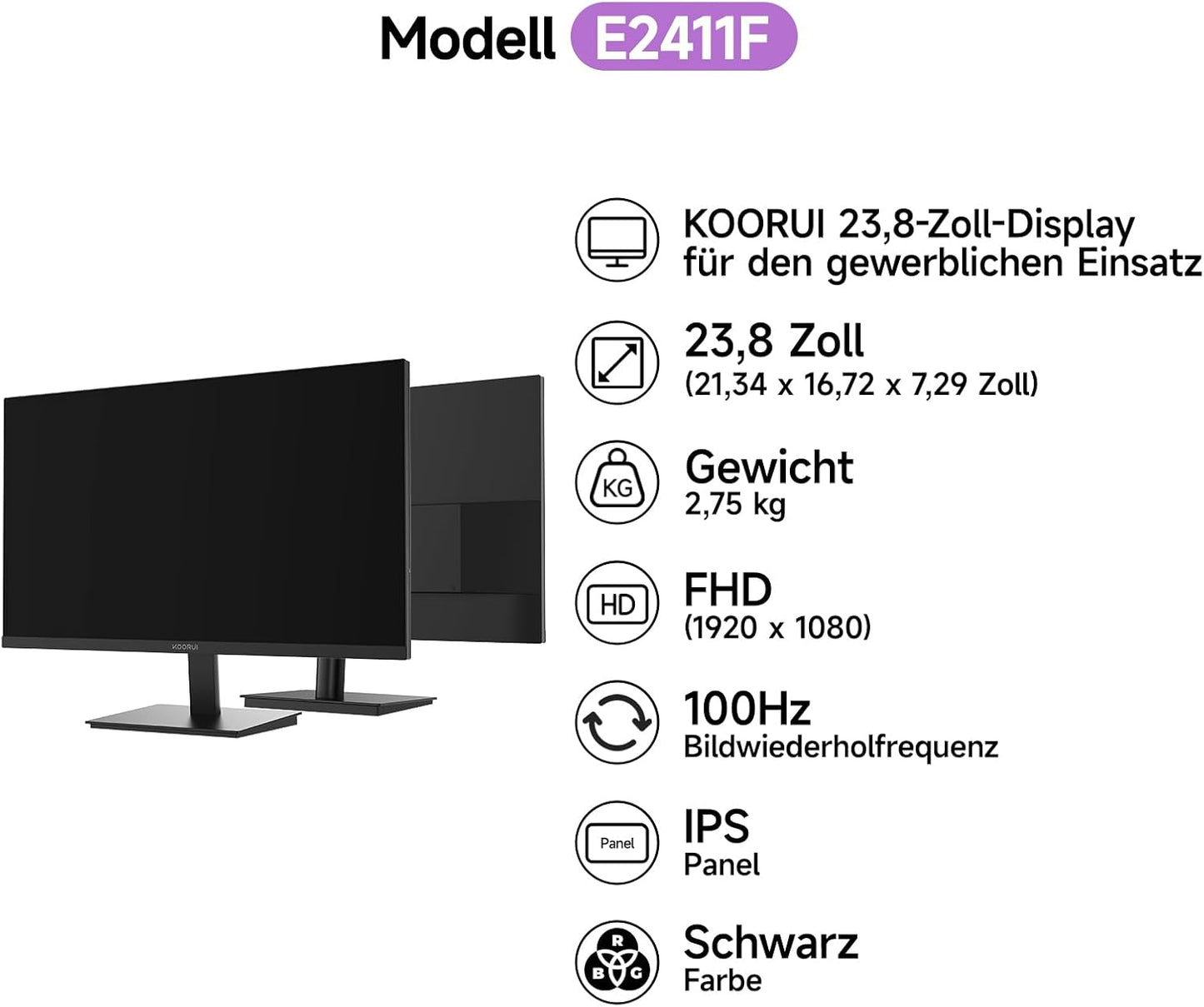 KOORUI E2411F 23.8 Inch Screen, Full HD Monitor 1920 x 1080, 100 Hz PC Monitor, IPS Eye Care, HDMI & VGA, VESA 100 x 100 mm