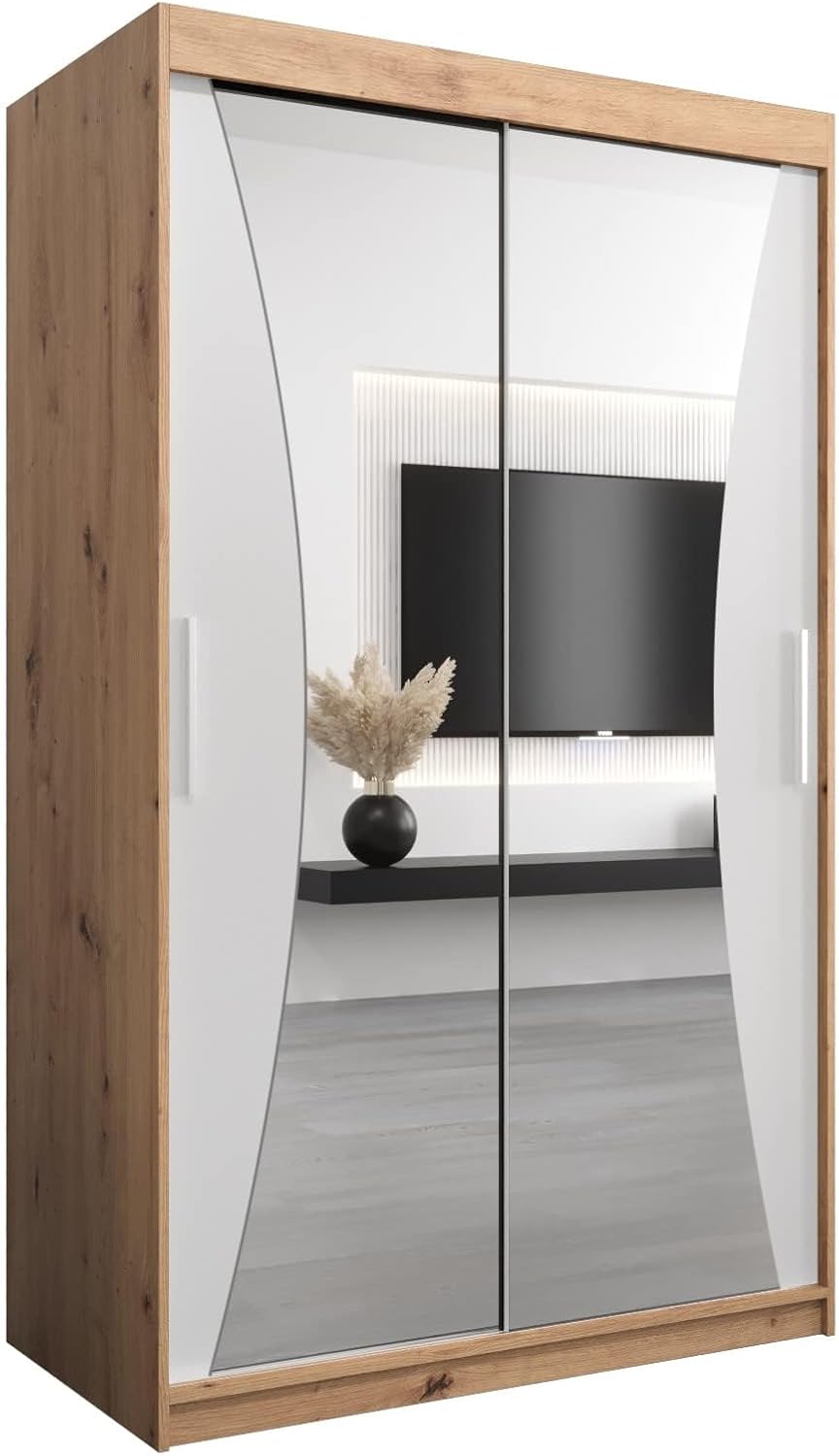 MEBLE KRYSPOL Kleiderschrank mit Spiegel Monaco - Garderobenschrank - Schrank Schlafzimmer - Mehrzweckschrank DREI Schiebetüren - Regalen - Flur Möbel - Kleiderstange Schrank - Allzweckschrank