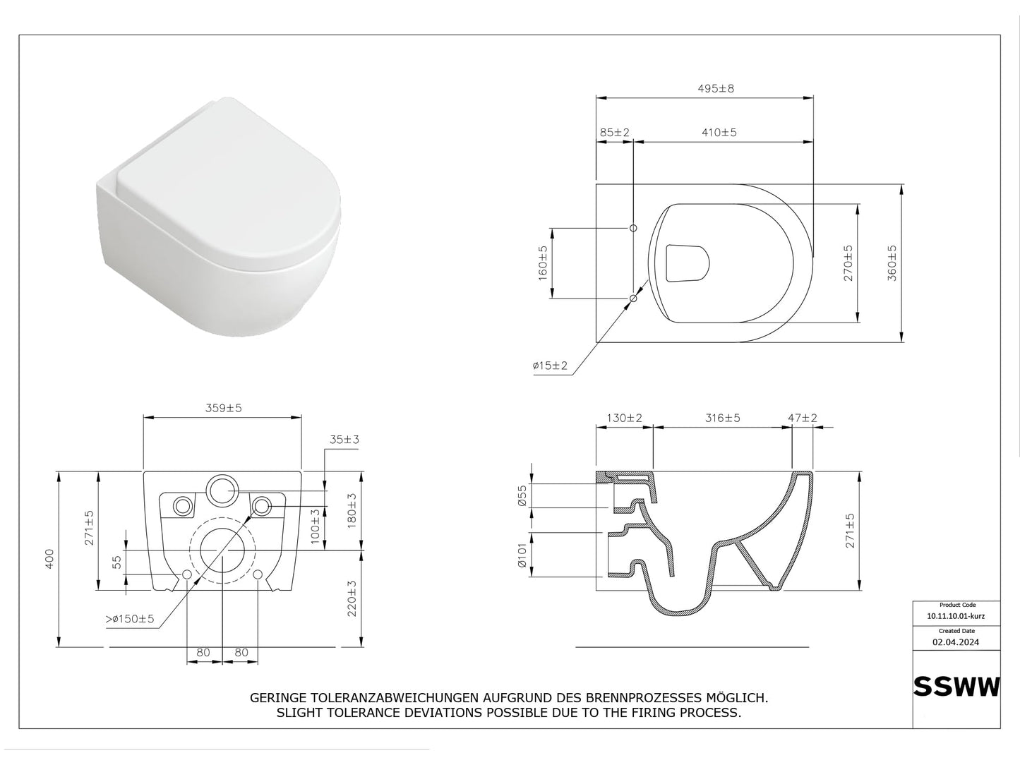 SSWW | Spülrandlose Toilette mit Softclose Toilettendeckel, Hänge-WC aus Keramik, Wand-WC, Tiefspüler | 54 cm lang