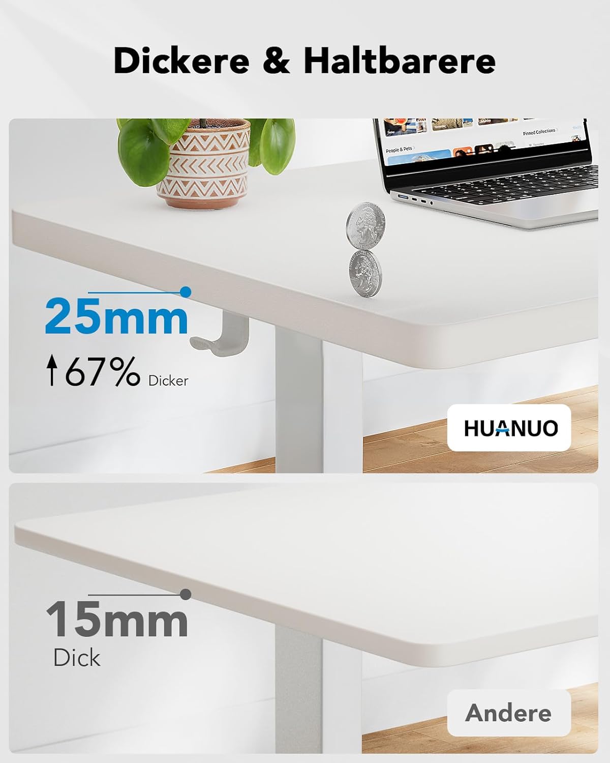 HUANUO Höhenverstellbarer Schreibtisch 160x80cm,25MM Ganze Tischplatte mit Bürstenloser Motor,Ergonomischer Steh-Sitz Tisch Stehpult,Einfache Montage Elektrischer Stehschreibtisch für Homeoffice