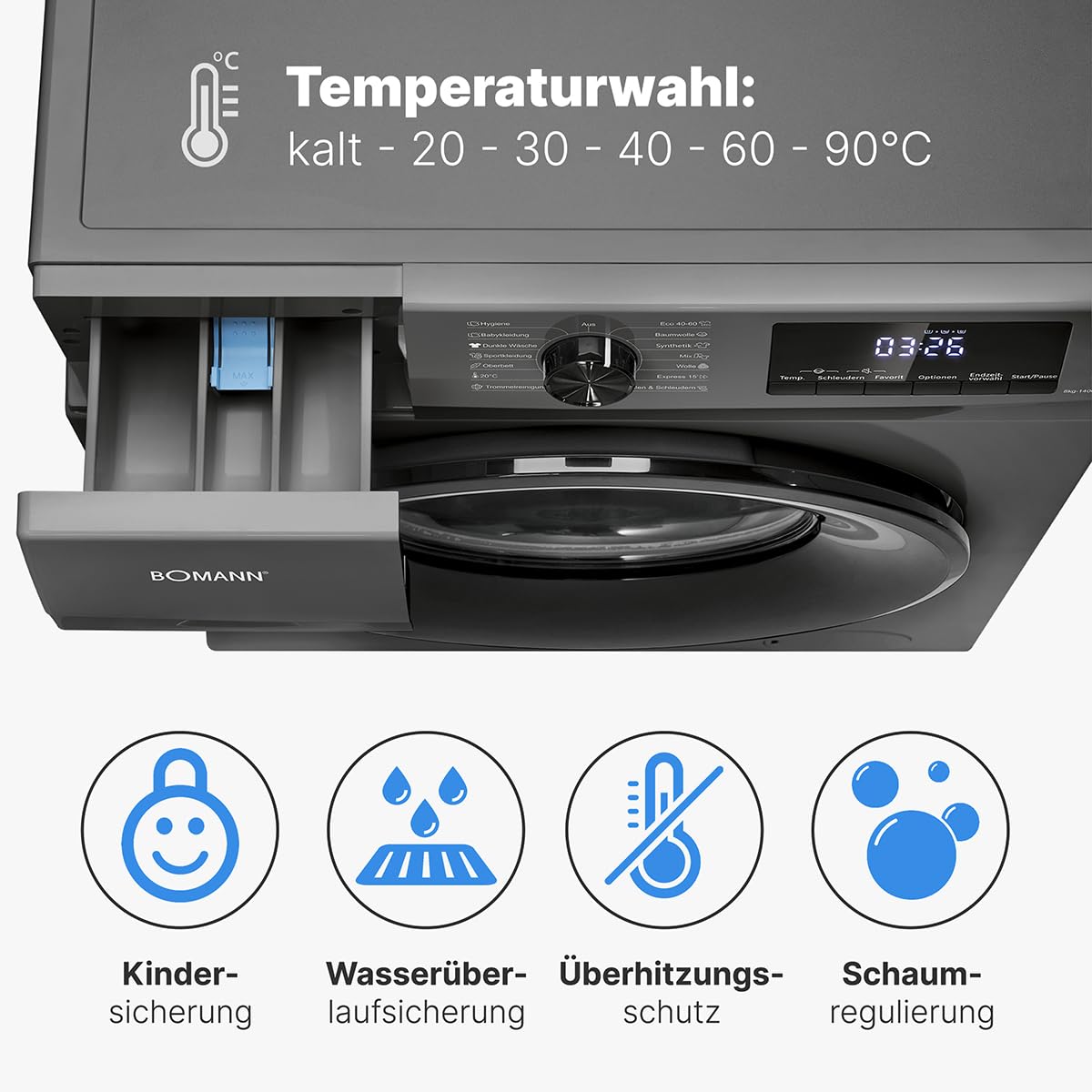 Bomann® Washing Machine 8 kg | Max. 1400 rpm | Robust, Quiet & Durable Inverter Motor | 15 Washing Programmes | LED Display | with Steam Function | WA 7185 Titanium - Black