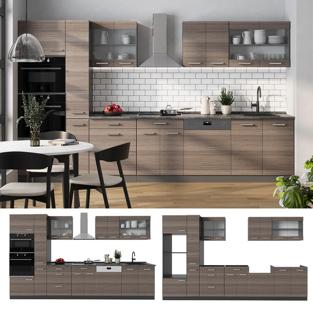 Vicco R-Line Fitted Kitchen Cabinets Anthracite Kitchen Furniture (Anthracite / White High Gloss, MUS 350 cm)