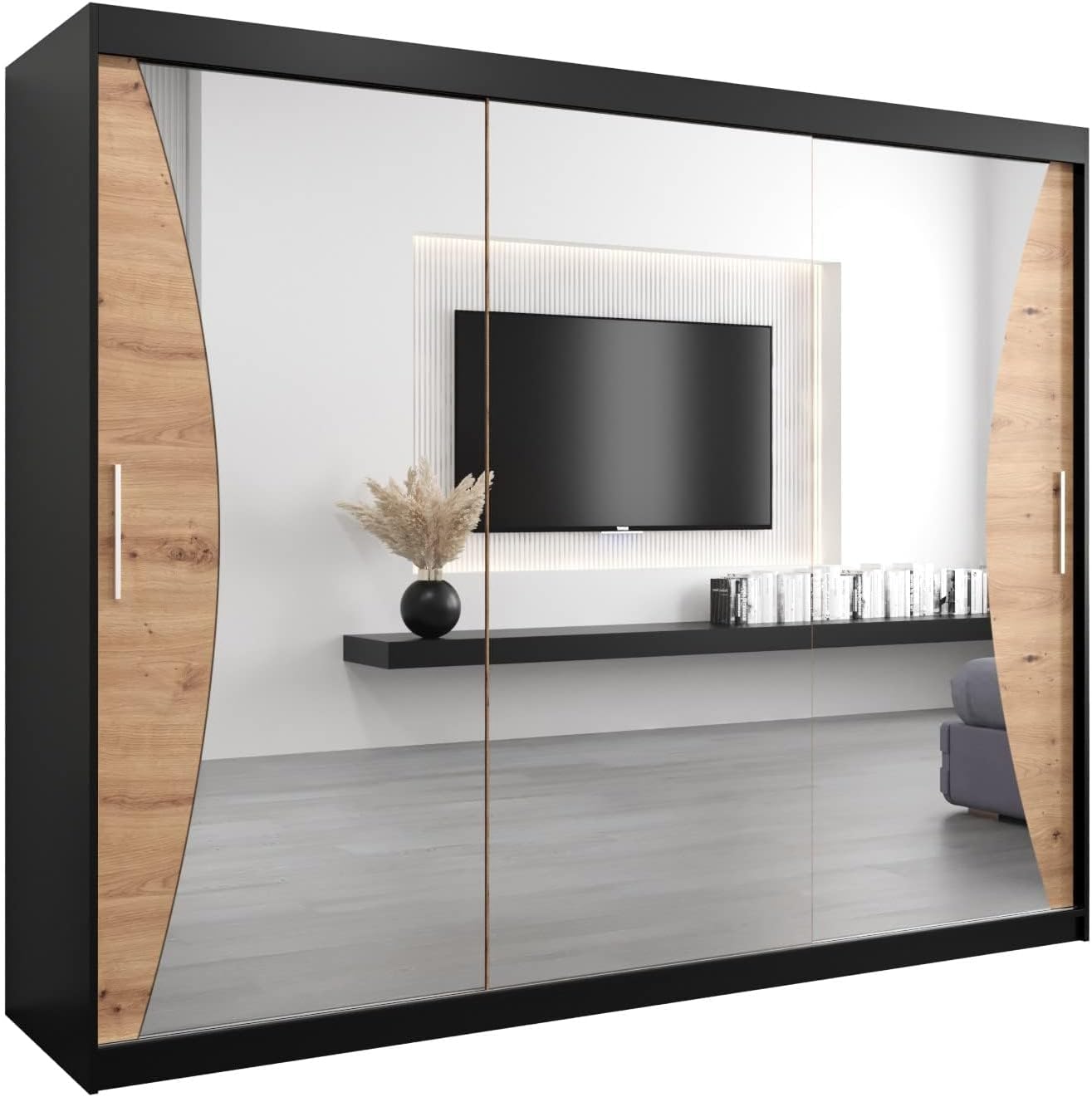 MEBLE KRYSPOL Kleiderschrank mit Spiegel Monaco - Garderobenschrank - Schrank Schlafzimmer - Mehrzweckschrank DREI Schiebetüren - Regalen - Flur Möbel - Kleiderstange Schrank - Allzweckschrank