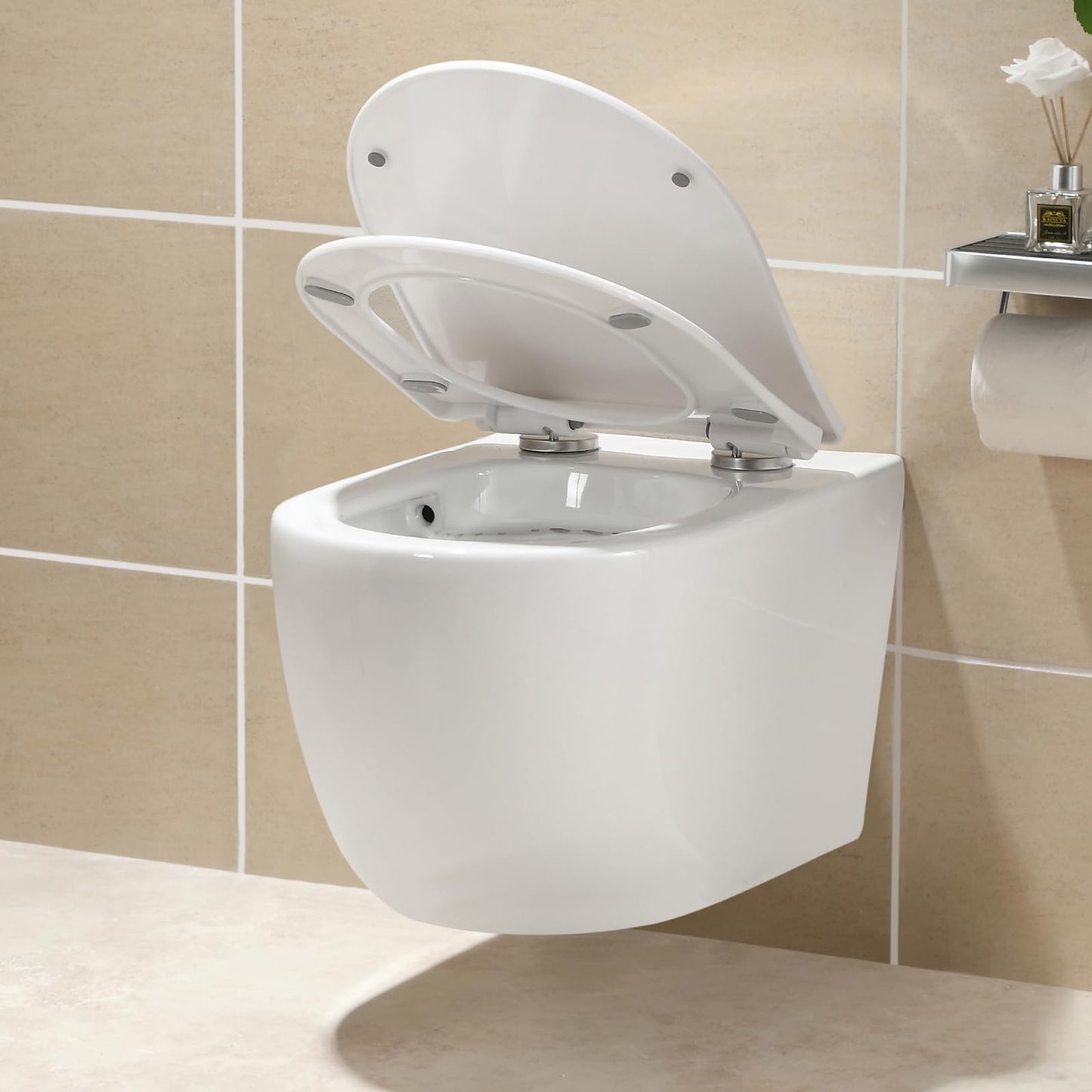 HOROW Ceramic Hanging Toilet with Nano Coating, Ceramic Wall Toilet White, Compact Toilet Bowl with Seat Soft-Close D Shape with Soft Close Lid for Guest Toilet