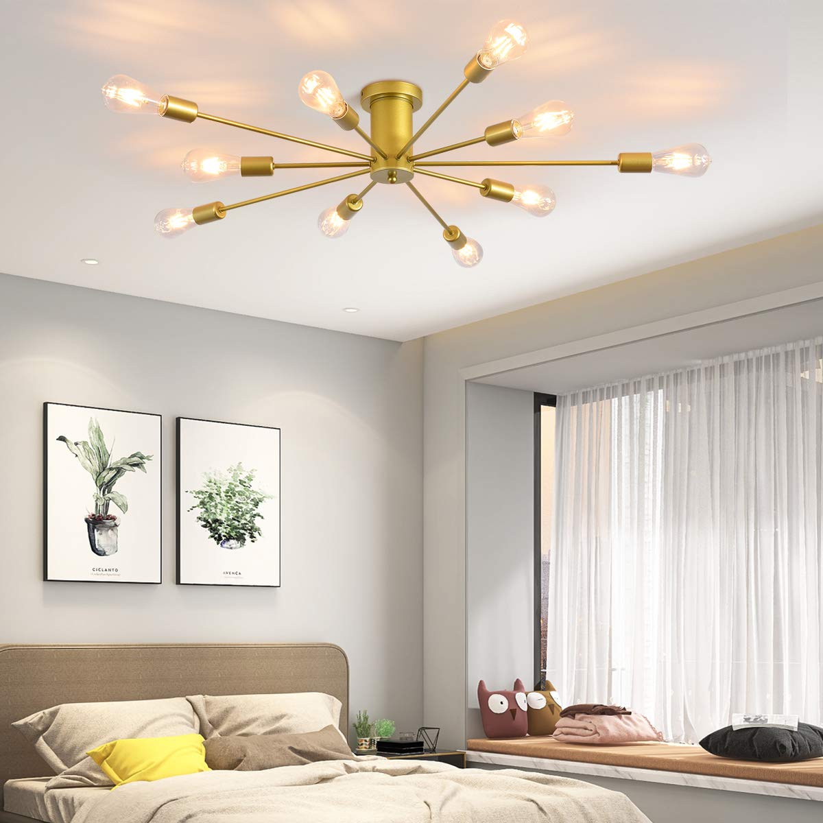 JIINOO 10 Lights Modern Chandelier Ceiling Light Gold Industrial Ceiling Lamp Medieval Semi Flush Mount Chandelier Ceiling Light for Kitchen Dining Room Living Room Bedroom Lighting