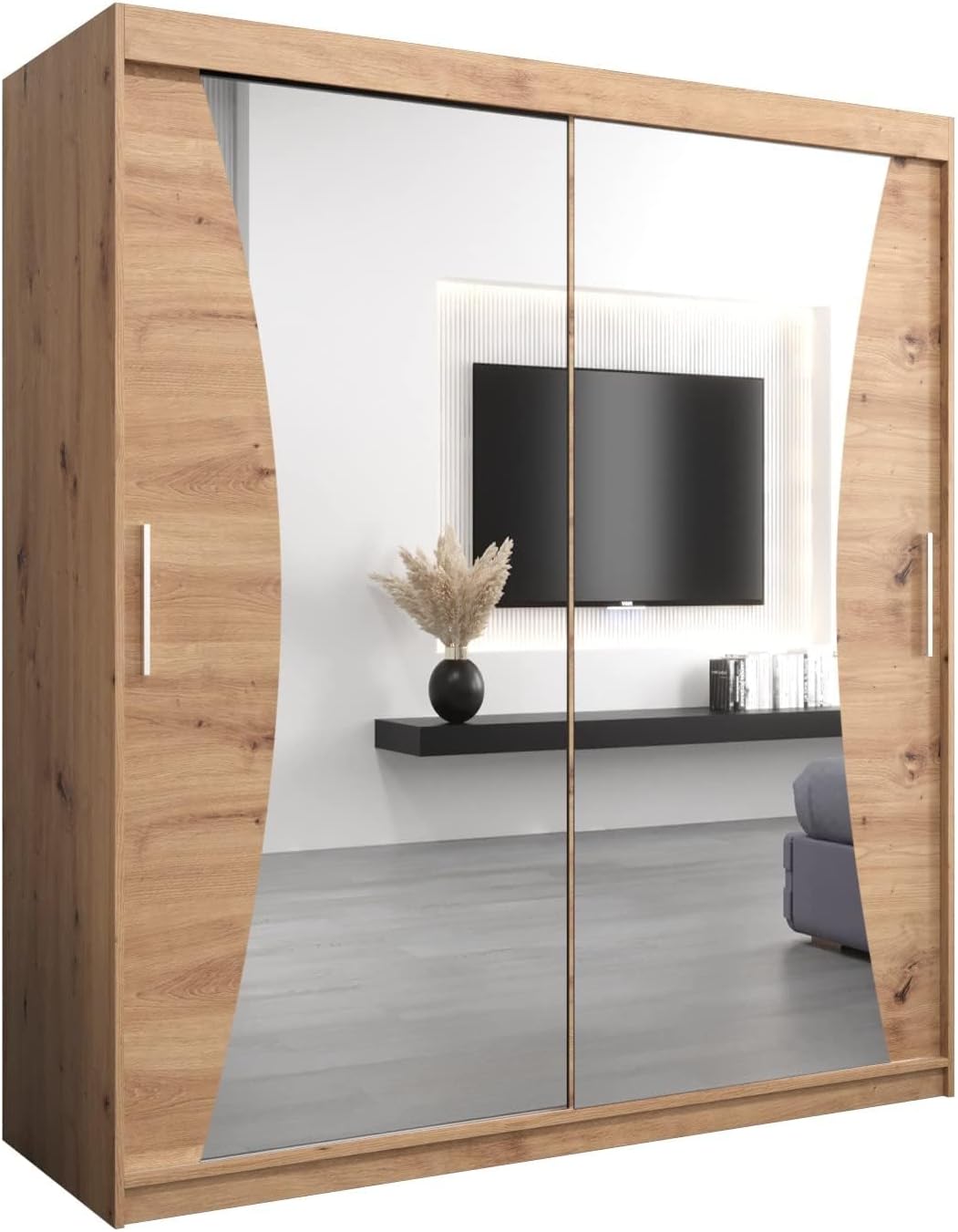 MEBLE KRYSPOL Kleiderschrank mit Spiegel Monaco - Garderobenschrank - Schrank Schlafzimmer - Mehrzweckschrank DREI Schiebetüren - Regalen - Flur Möbel - Kleiderstange Schrank - Allzweckschrank
