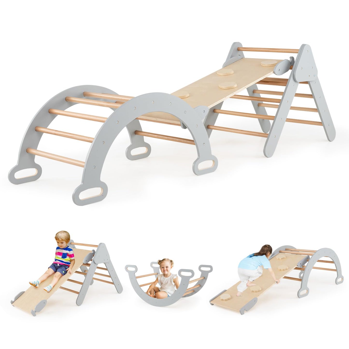 COSTWAY Kletterdreieck mit Rutsche, Kletterbogen, inkl. doppelseitige Rampe, zum Klettern, Rutschen und Wippen, 4 in 1 Klettergerüst Indoor ab 1 Jahr (Macaron bunt)