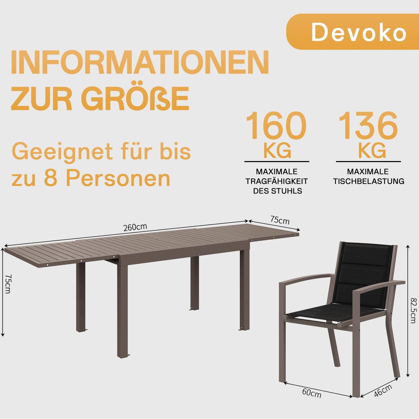 Devoko Garden Furniture Set for 8 People, 8 + 1 Aluminium Table and Chairs Set, Balcony Furniture, 8 Stackable Garden Chairs and 1 130/260 cm Stretchy Garden Table, Patio Furniture Sets Outdoor