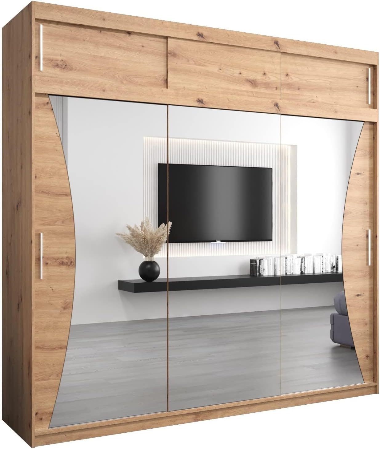 MEBLE KRYSPOL Kleiderschrank mit Spiegel Monaco - Garderobenschrank - Schrank Schlafzimmer - Mehrzweckschrank DREI Schiebetüren - Regalen - Flur Möbel - Kleiderstange Schrank - Allzweckschrank