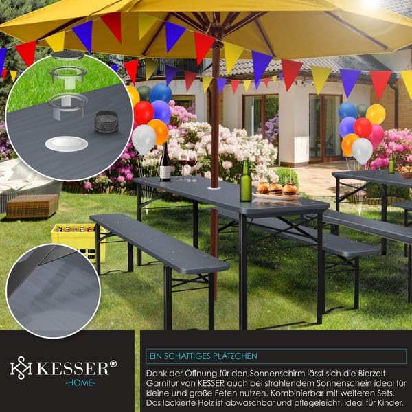 KESSER® Bierzeltgarnitur 3 teilig Gartenmöbel-Set | Klappbar 220 x 50 x 77cm | 2X Bierbänke 1x Biertisch | Festzeltgarnitur Biertisch Stehtisch Sitzgarnitur Holz 16-teiliges Bodenschoner-Set