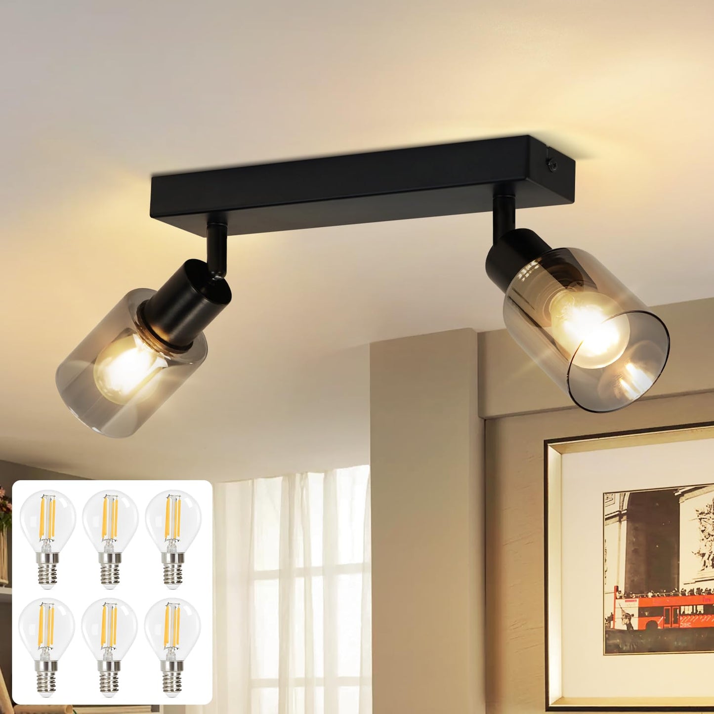 Kowanie Deckenlampe Vintage 6 flammig: Industrial Wohnzimmerlampe Schwarz Deckenleuchte Wohnzimmer retro Kronleuchter aus Glas Deckenbeleuchtung inkl. 6 × E14 2700K Leuchtmittel für Küche