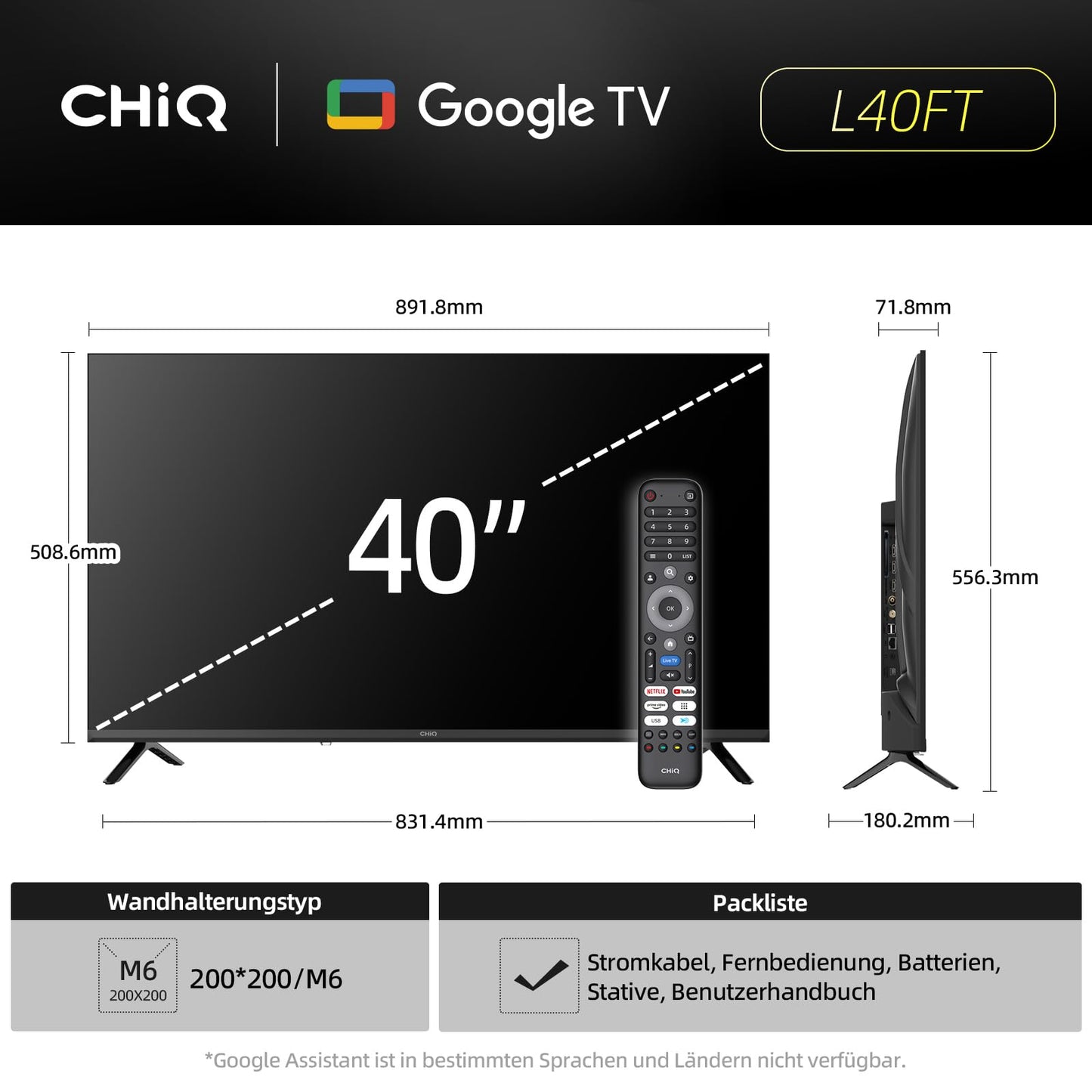 CHIQ L40FT 40 Zoll, Full HD, (100 cm) Smart Fernseher, HDR10, Dolby Audio & DBX-tv, Triple Tuner DVB-C/T2/S2, Integrierter Chromecast, Metall Randlos Design