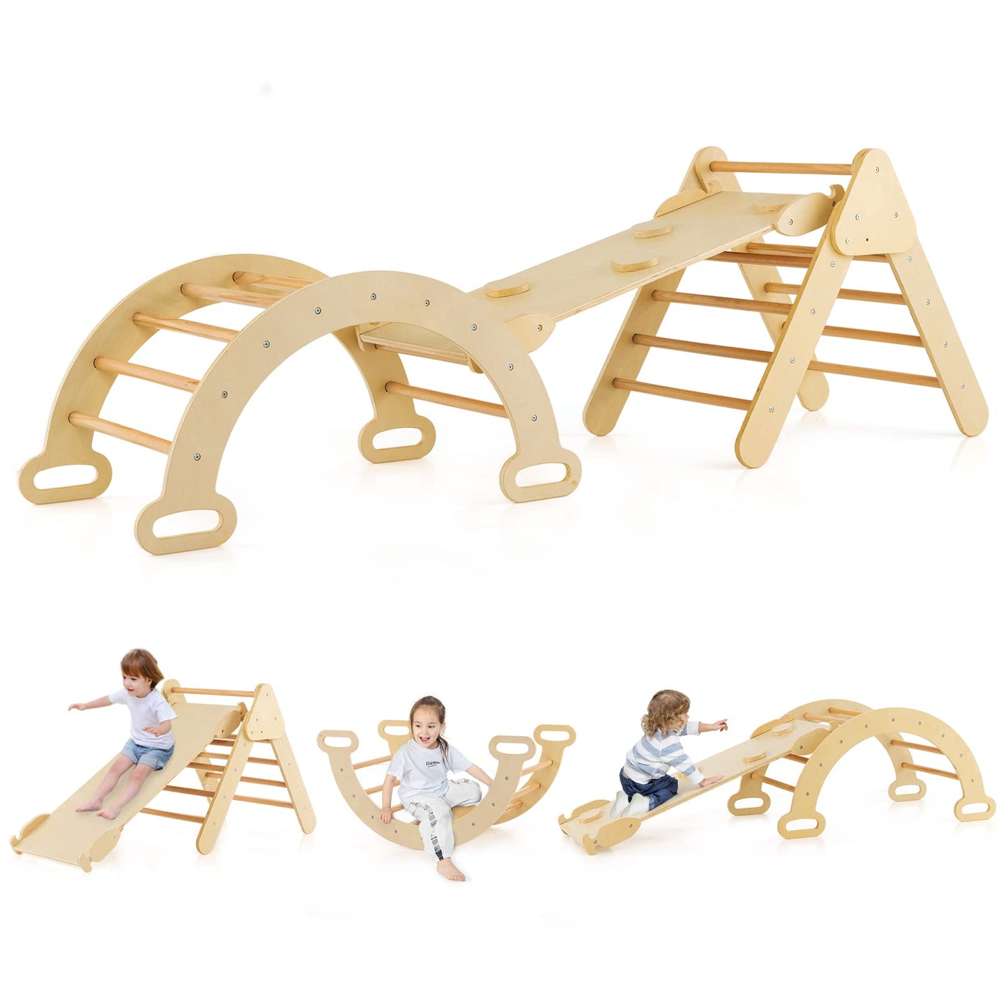 COSTWAY Kletterdreieck mit Rutsche, Kletterbogen, inkl. doppelseitige Rampe, zum Klettern, Rutschen und Wippen, 4 in 1 Klettergerüst Indoor ab 1 Jahr (Macaron bunt)