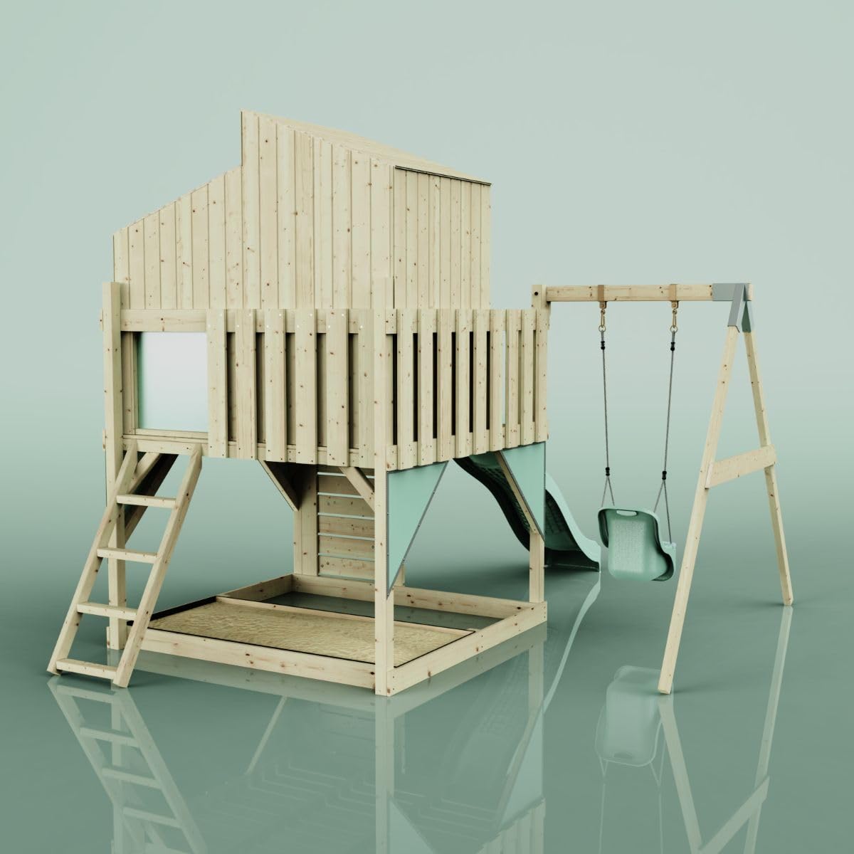Rebo Spielturm mit Spielhaus inkl. Wellenrutsche und Kinder-Schaukel | Outdoor Klettergerüst Garten | Kletterwand und Kletterleiter | Stabile Konstruktion, Weiches Gefühl in den Seilen