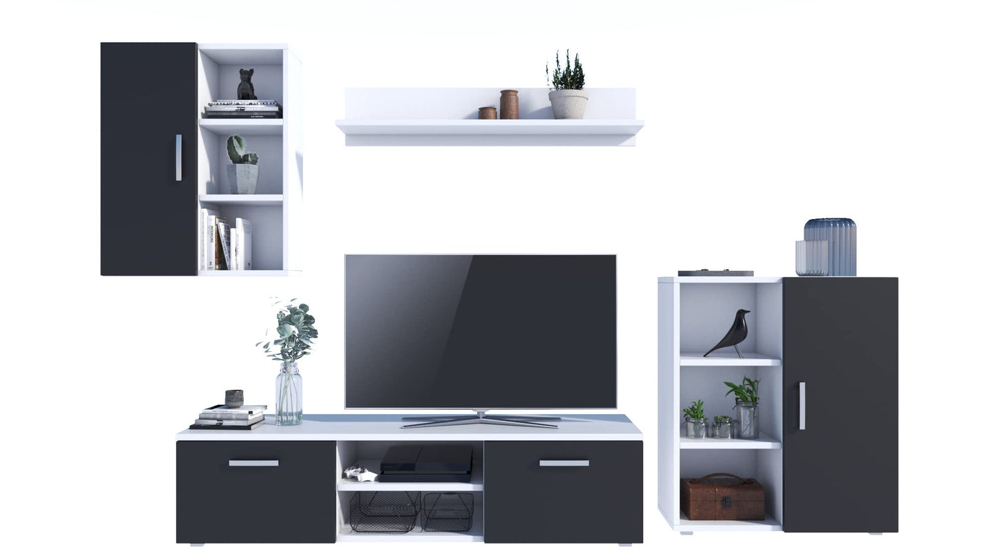 MATKAM Dedal Living Room Wall Unit Modern Living Room Cabinet with TV Table Complete Furniture (White)