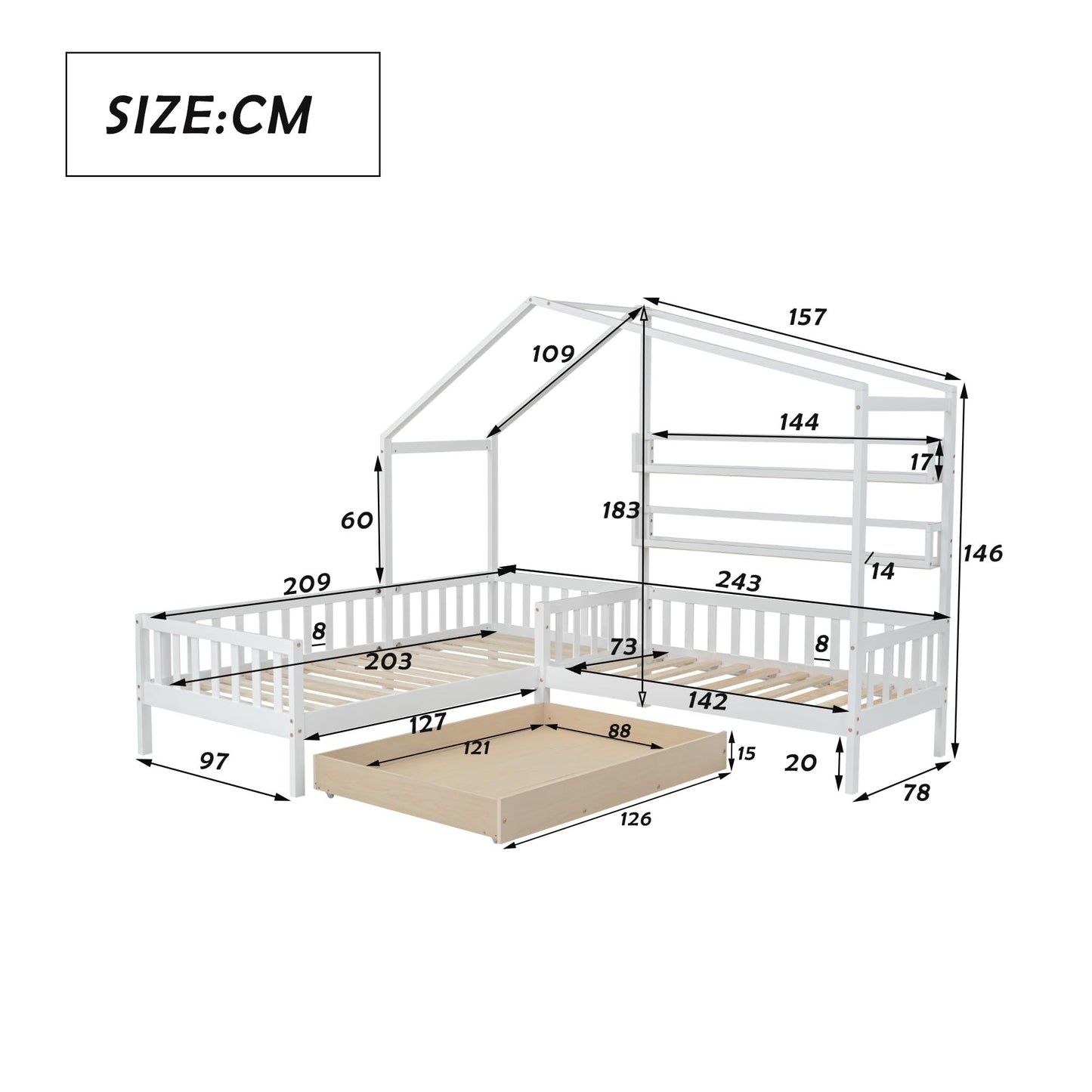 Merax Hausbett 90x200 cm mit 2 Schubladen, für 2 Kinder Doppelbett, Vielseitiges Holz Baumhausbett für Mädchen & Jungen, Stabil Spielbett Gitterbett mit Rausfallschutz und Lattenrost, Weiß