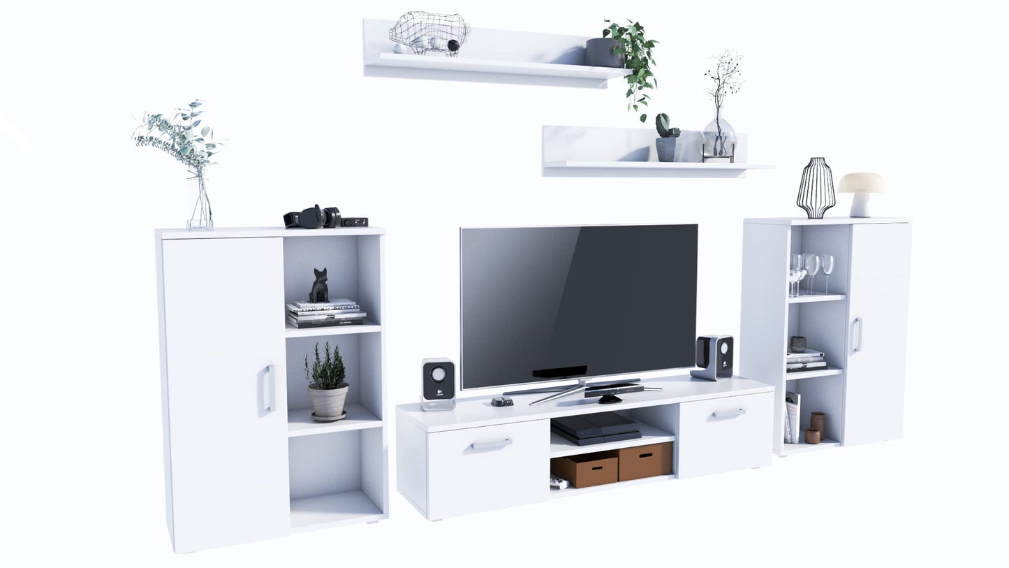 MATKAM Herkules II Wall Unit, Modern Living Room Cabinet with TV Table, Sideboard and Wall Shelf, Living Room Complete Furniture (White/Black)