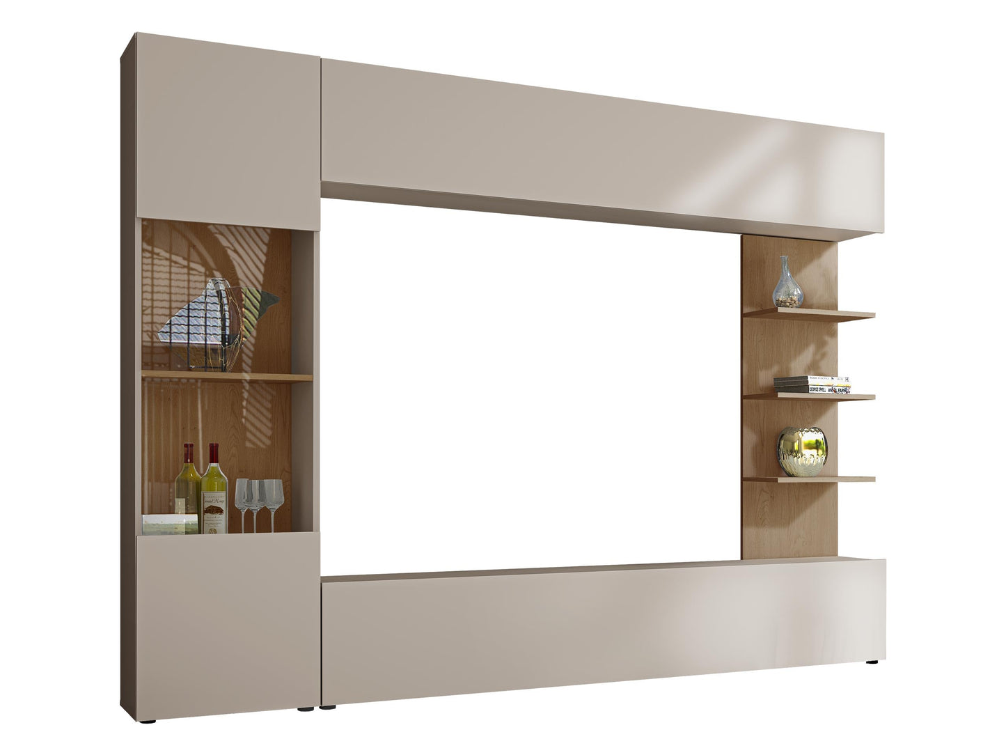 Lazando Wall Unit, Media Wall, Cabinet Wall Consisting of Wall Cabinet, Display Cabinet, TV Lowboard and Wall Shelf (Cashmere/Cremona Oak, with White LED Lighting)
