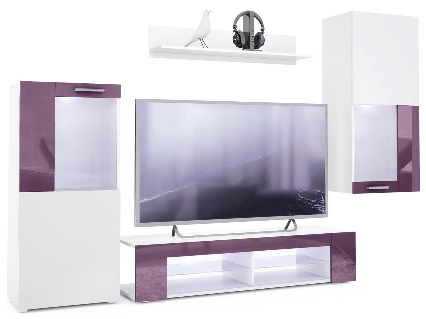 Vladon Wohnwand Movie, Anbauwand bestehend aus 1 TV-Board, 2 Vitrinen und 1 Regal, Weiß matt/Weiß matt/Weiß Hochglanz (Gesamt: 300 x 190 x 39 cm)