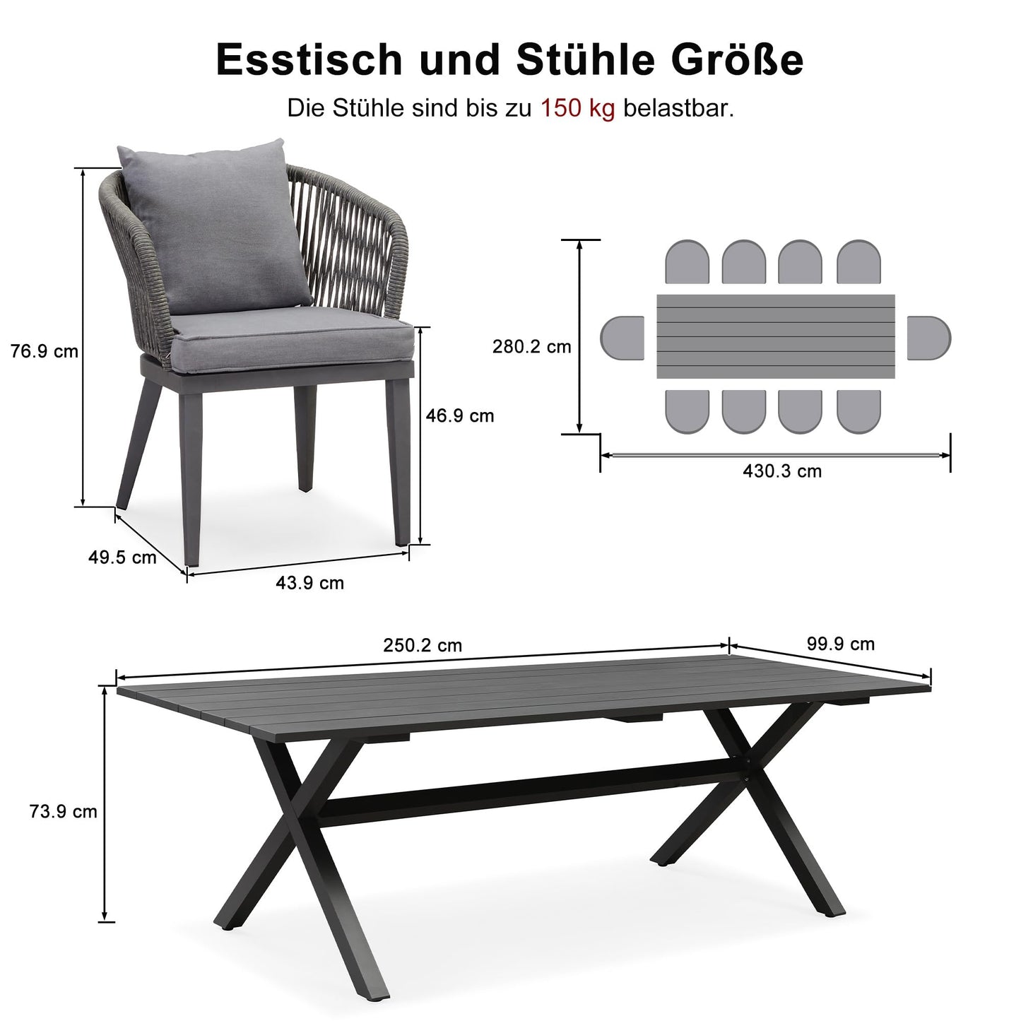 PURPLE LEAF 9-TLG Gartenmöbel Set,Aluminium Terrassenmöbel 8 Gartenstühle mit Tisch Balkonmöbel Essgruppe Gartengarnitur, Grau