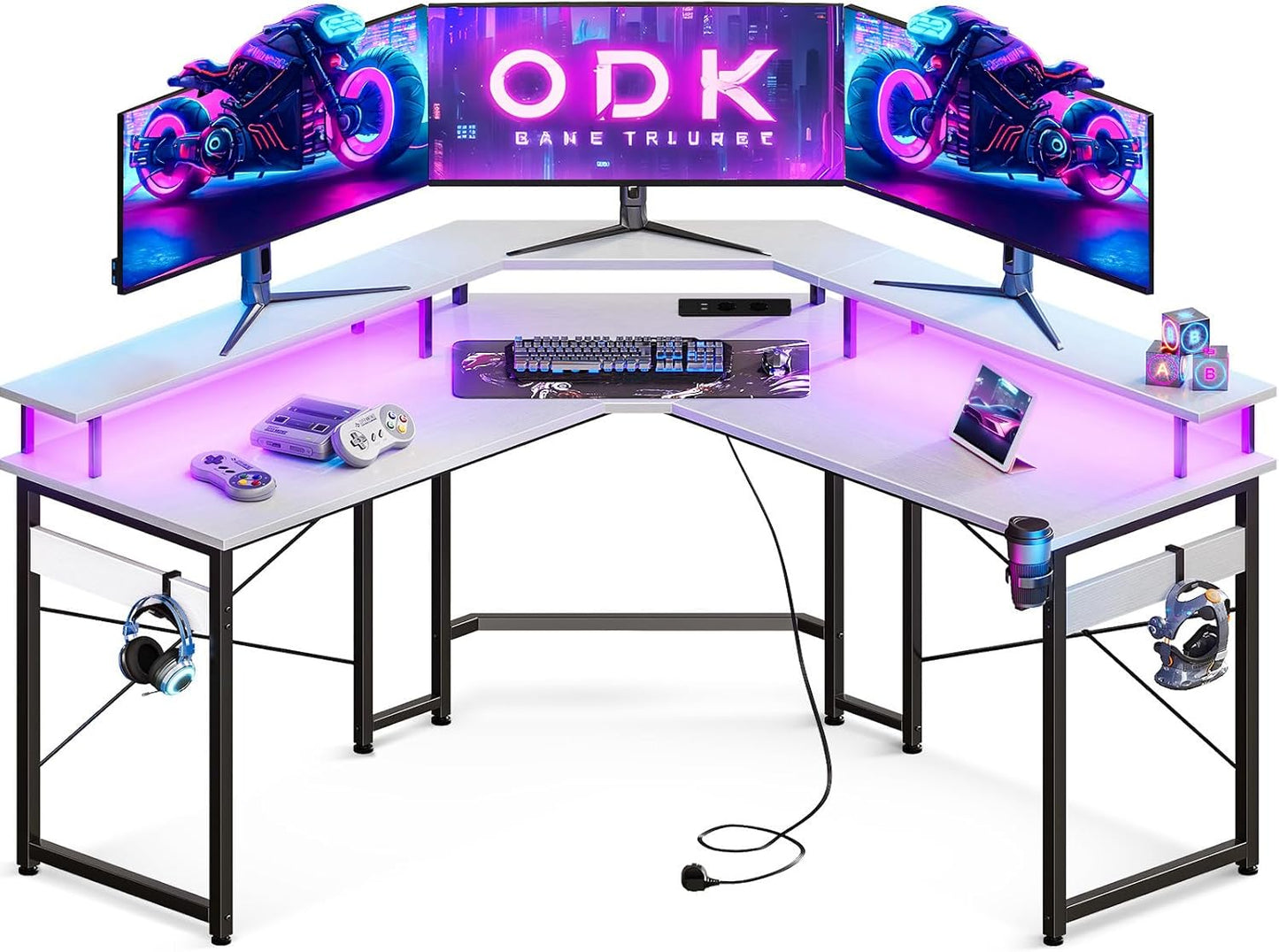 ODK Gaming Tisch mit LED, Gaming Schreibtisch mit 2 Steckdosen und 2 USB Ladeanschluss, PC Tisch Gaming mit großzügiger Monitorablage, Gamer Schreibtisch in Kohlefaser Weiß, 129x129 cm