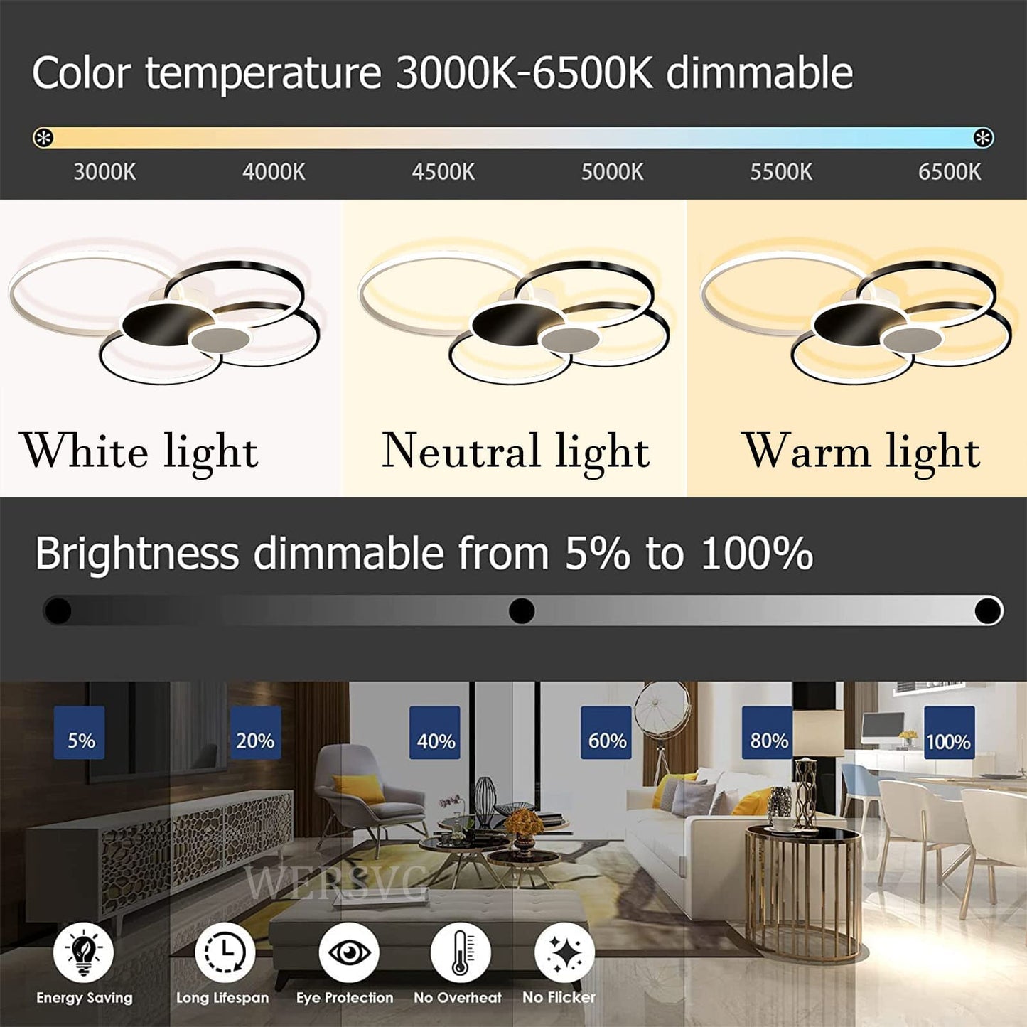 WERSVG L80cm Modern LED Deckenleuchte Wohnzimmer Deckenlampe gold 6-Ring Deckenleuchte 70W 5600LM Dimmbar 3500K - 6500KMit Fernbedienung flurlampe decke, für Wohnzimmer Schlafzimmer Küche Esszimmer