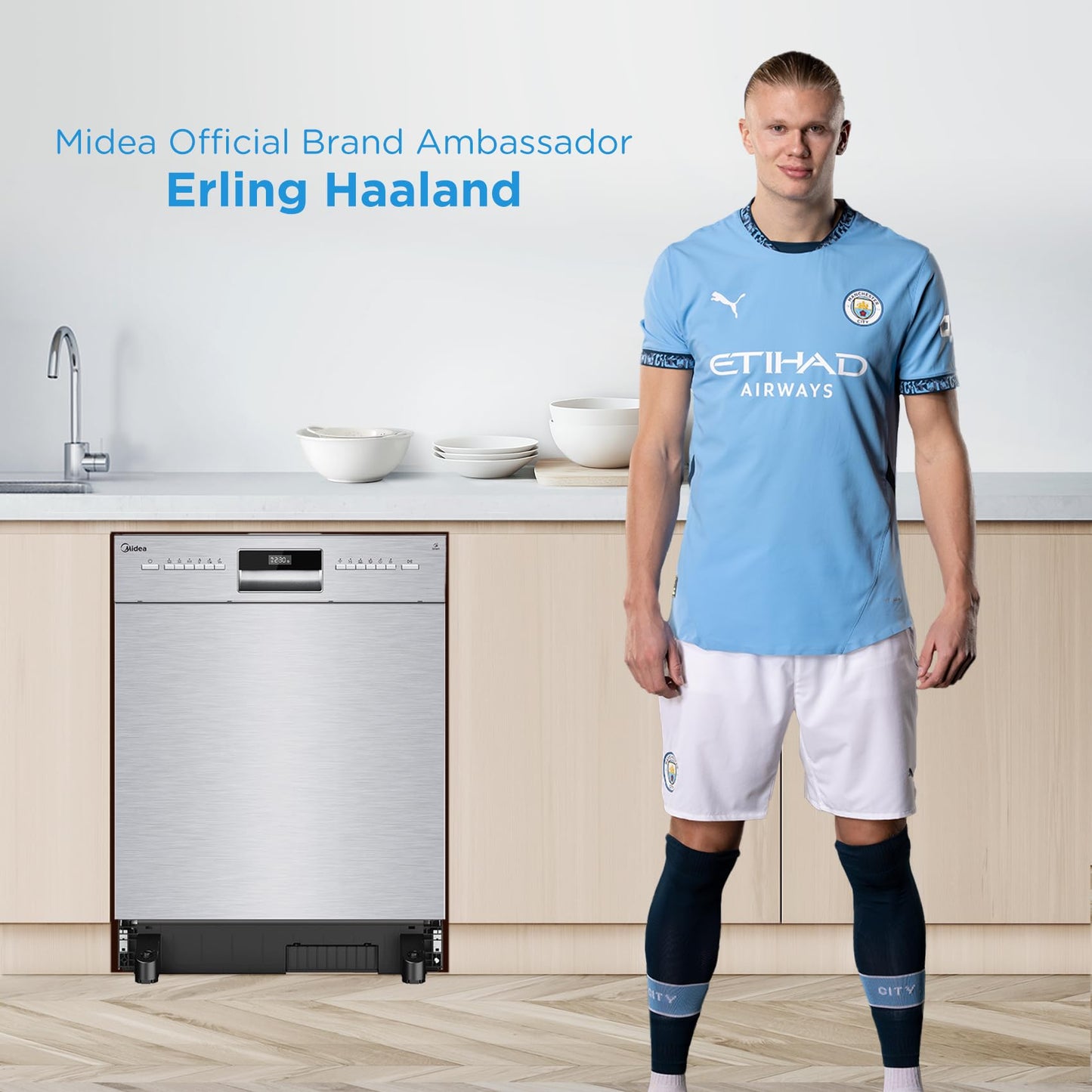 Midea MDWEU1435XSS-W Dishwasher, Integrated, 14 Place Settings, 60 cm, Partially Integrated with WiFi, Extra Drying, 7 Programmes, 47 dB, 0-24 Hours Start Time Delay, Stainless Steel