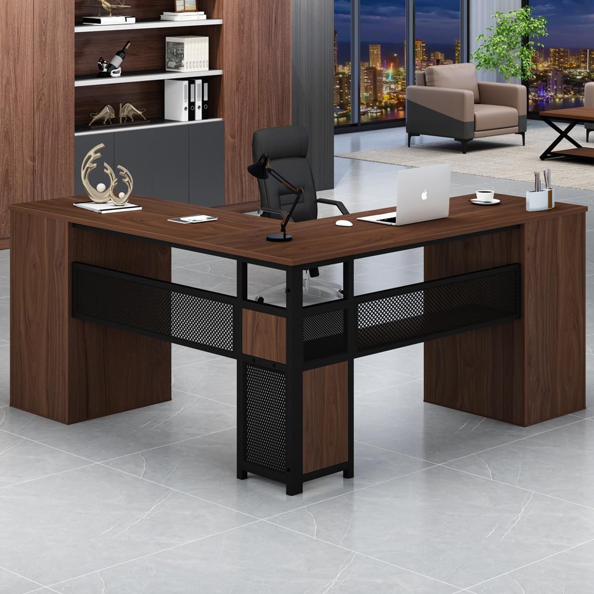 HSH - Black L Shape Corner Desk with Filing Drawers and Shelves, Reversible Corner Desk Made of Metal and Wood with Storage Cabinets