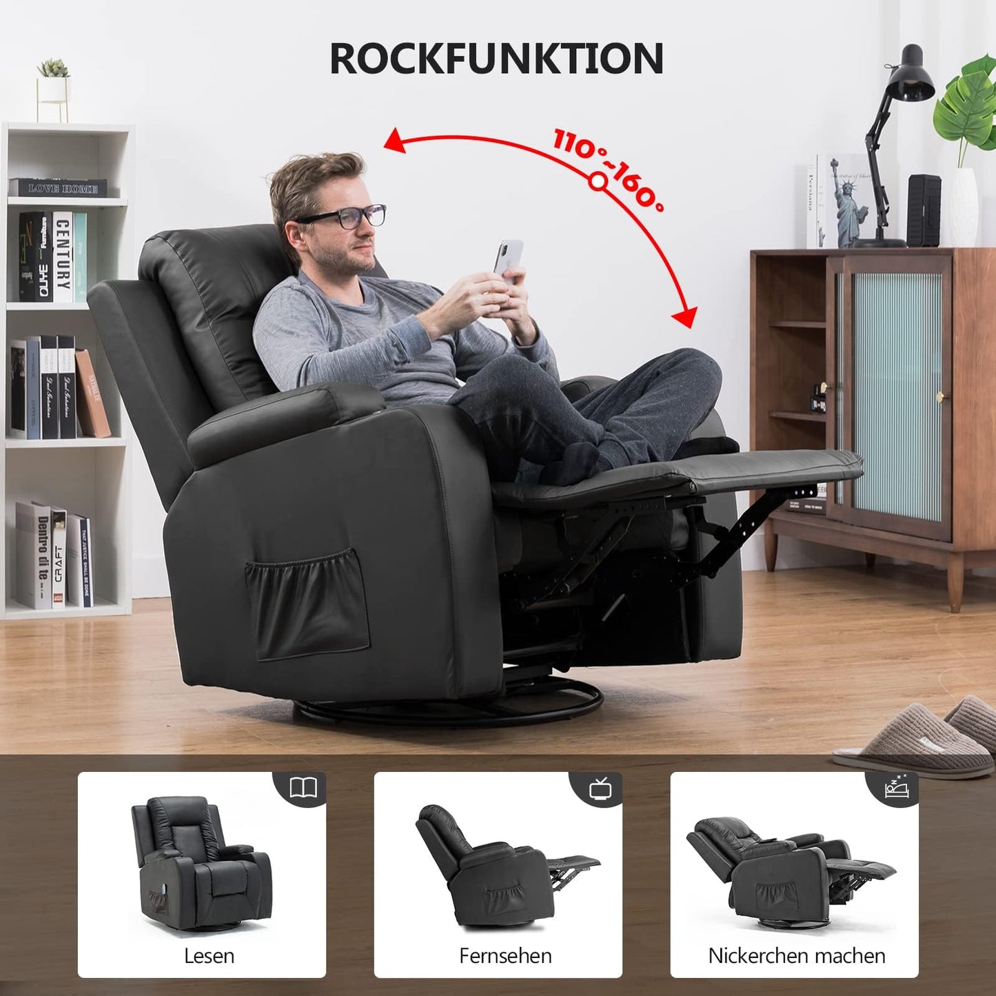 COMHOMA Relaxsessel-Set, Sofa, Sofa-Set aus Kunstleder, Fernsehsessel Ruhesessel Liegesessel mit Liege-Funktion Polstersessel Schlafsessel für Wohnzimmer Schlafzimmer Heimkino,Schwarz, 3+2+1