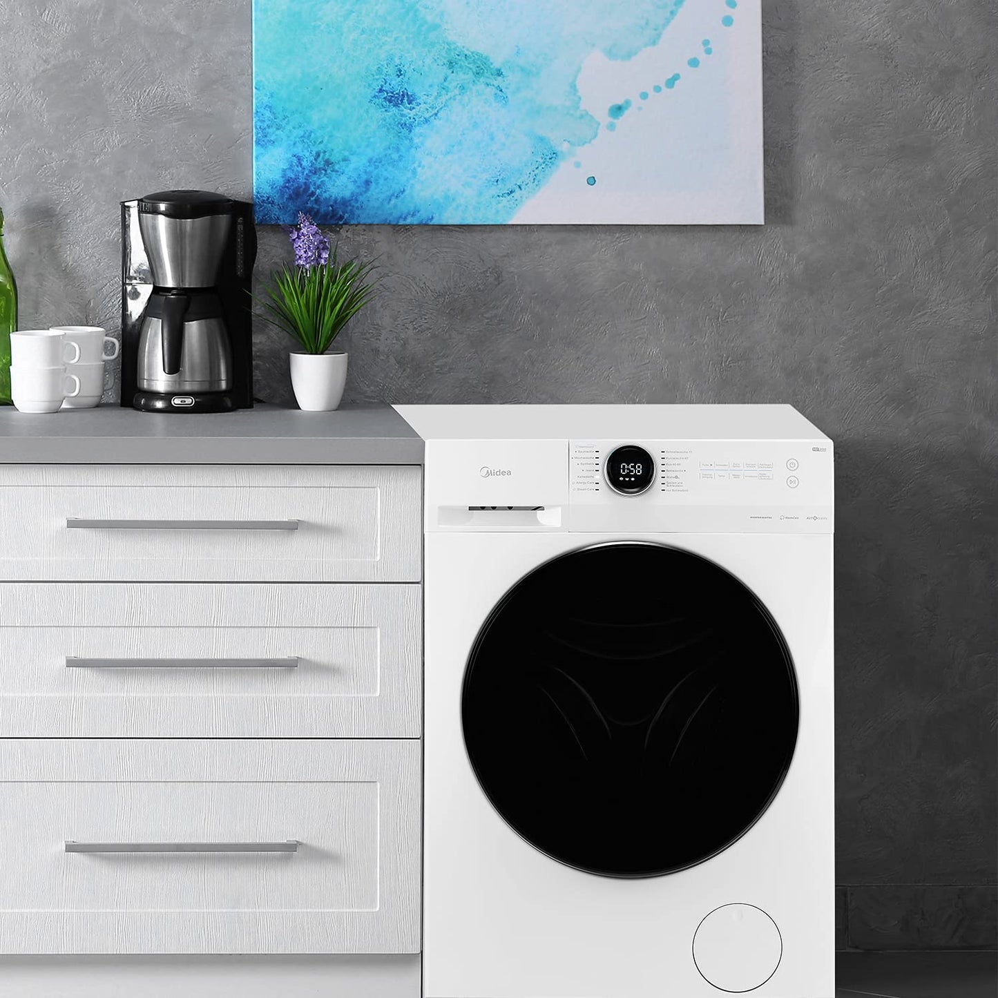 Midea MF10EW70BA10 Waschmaschine / 7kg / 1400 U/Min/EEK A-10%/Inverter Quattro Motor/Dampffunktion/Grosse Trommel/Nachlegefunktion/Kindersicherung/AquaStop, Weiß