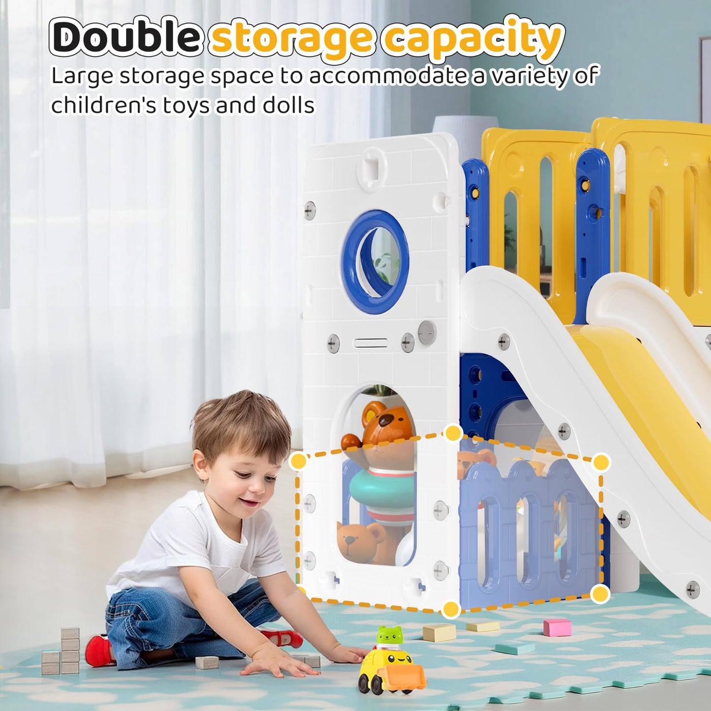 MAMIZO 9 in 1 Kinderrutsche, Kinder Rutsche mit Klettergerüst, Indoor & Outdoor Rutsche mit Basketballkorb und Teleskop, Tunnel, Stauraum, Gartenrutsche,Kinder Spielplatz, mit 2PCS Moduls, Gelb Blau