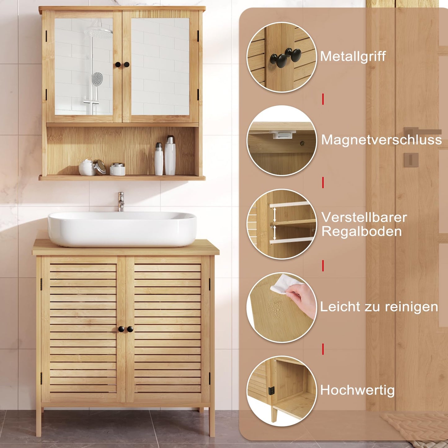 EUGAD Under Basin Vanity Unit Bathroom Cupboard with 2 Doors 60 x 30 x 60 cm, Bamboo