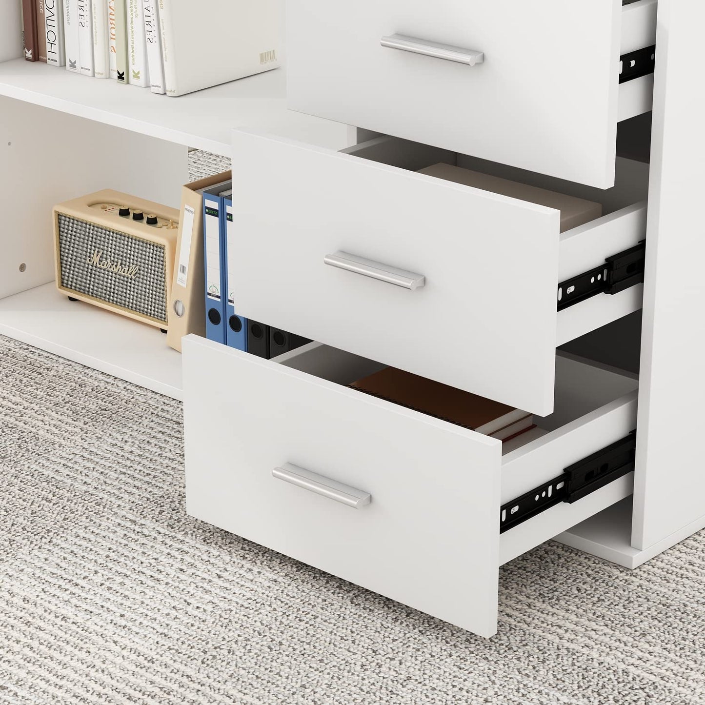 130cm Großer L Förm Schreibtisch mit 105cm Aktenschrank, Eckschreibtisch Computertisch mit 3 Schubladen & 2 Regalen, Arbeitsplatz Executive-Schreibtisch mit Lagerregal für Home Office (Schwarz)