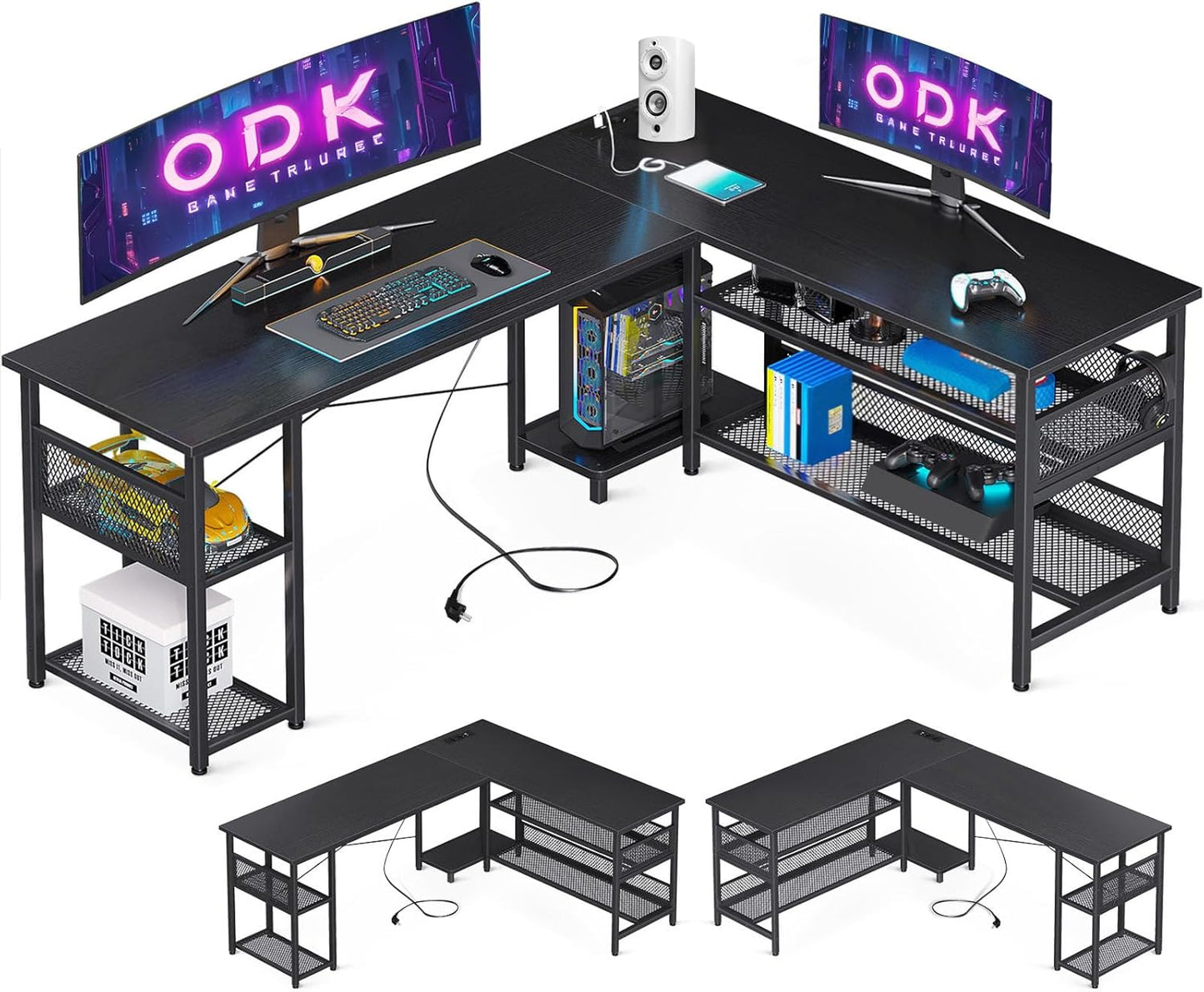 ODK Gaming Tisch, Reversibel Gaming Schreibtisch mit 2 Steckdosen und 2 USB Ladeanschluss, Eckschreibtisch für Office und Gaming, Weiß, 150×102cm
