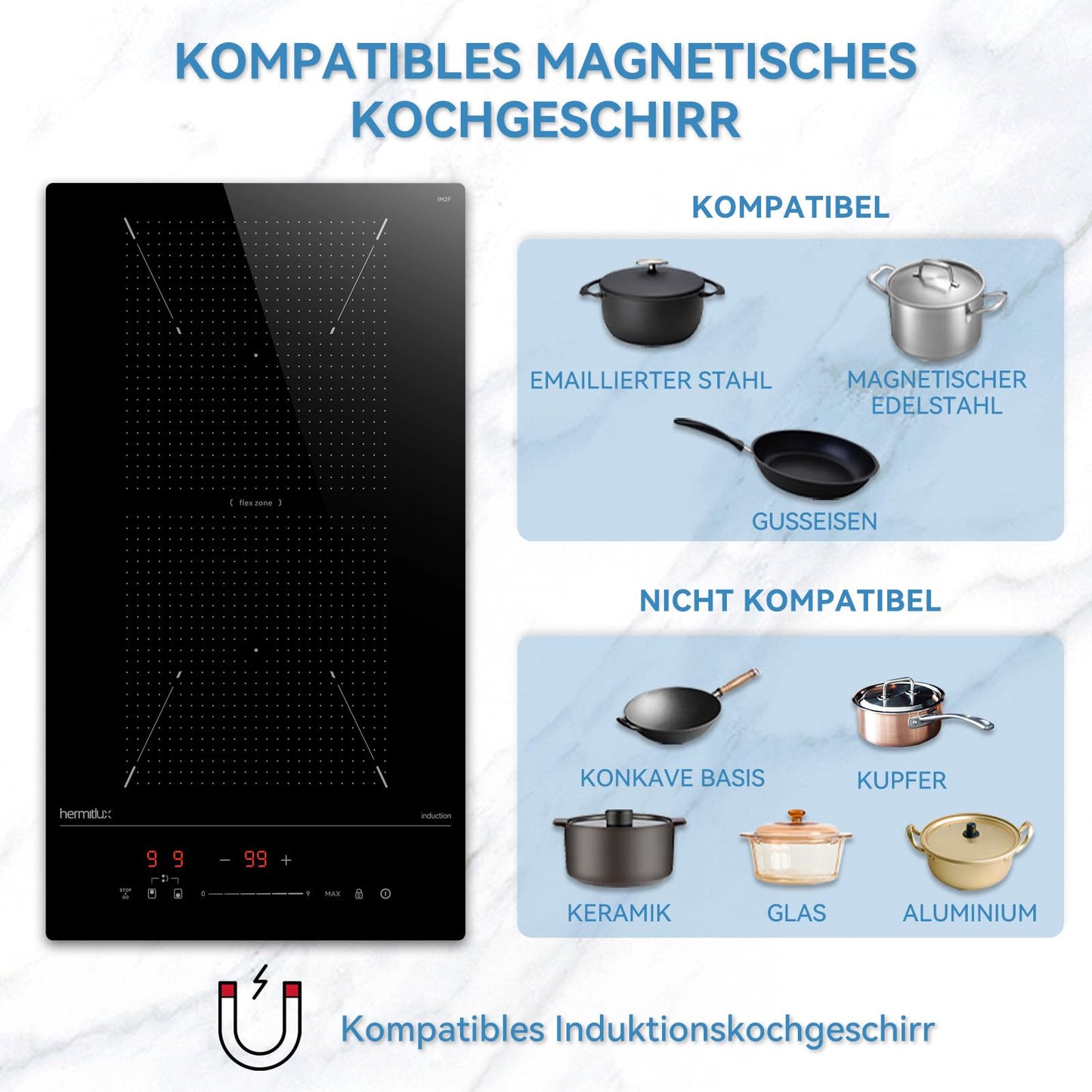 Hermitlux kochfeld 28,8cm, Glaskeramik Kochfeld 2 Platten, 9 Leistungsstufen, Touch-Steuerung, Timer, Kindersicherung, Geeignet für Alle Töpfe, 3300W