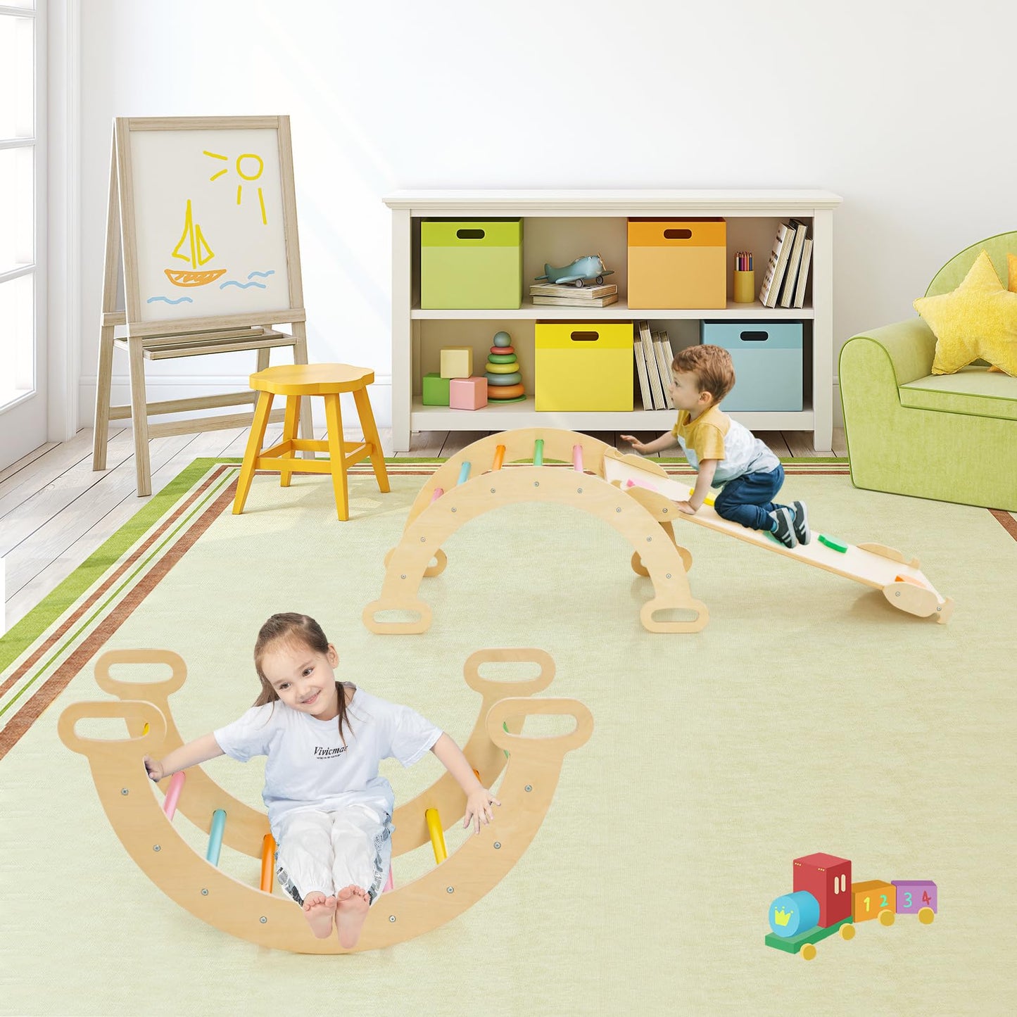 COSTWAY Kletterdreieck mit Rutsche, Kletterbogen, inkl. doppelseitige Rampe, zum Klettern, Rutschen und Wippen, 4 in 1 Klettergerüst Indoor ab 1 Jahr (Macaron bunt)