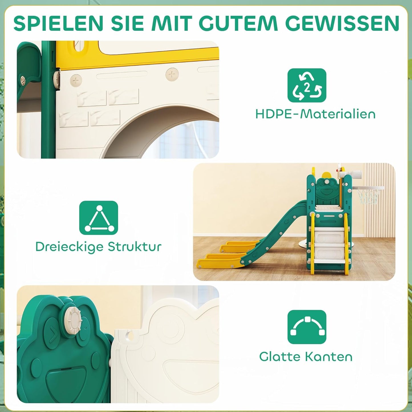 AIRPLAY Kinder Rutsche 9 in 1 Kleinkind Rutsche mit Basketballkorb, 2 Rutsche, Klettergerüst, Schaukel, Tunnel, Fernrohr, Reißbrett, Froschmotiv und Aufbewahrungsbox usw. Indoor Outdoor für 1-3 Jahre