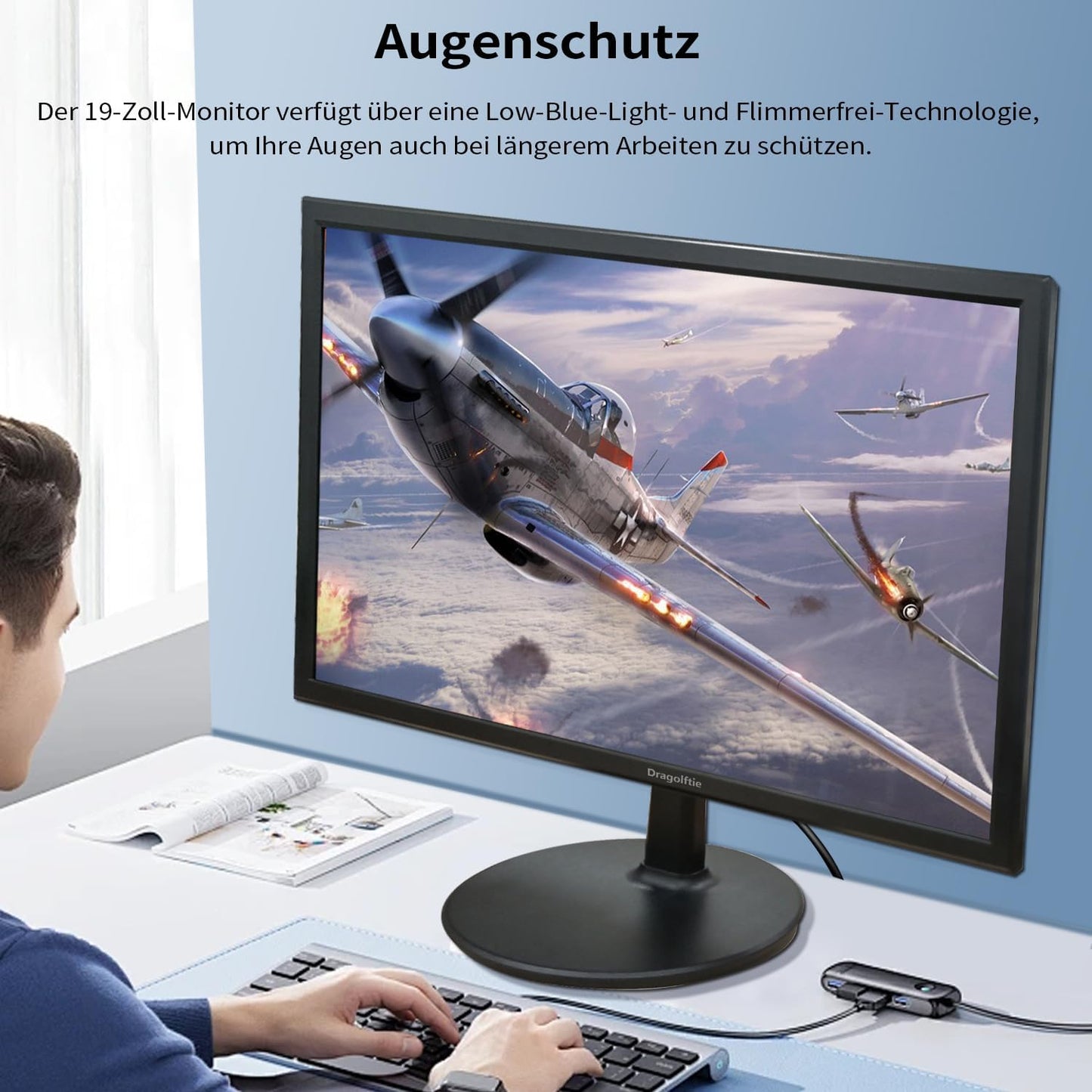 Dragolftie 19 Inch PC Monitor 1440 x 900, Two Built-in Speakers, 60Hz, 5ms, Computer Screen with Low Blue Light Desktop Monitors, HDMI, VGA, VESA Mountable Business Screen, Black