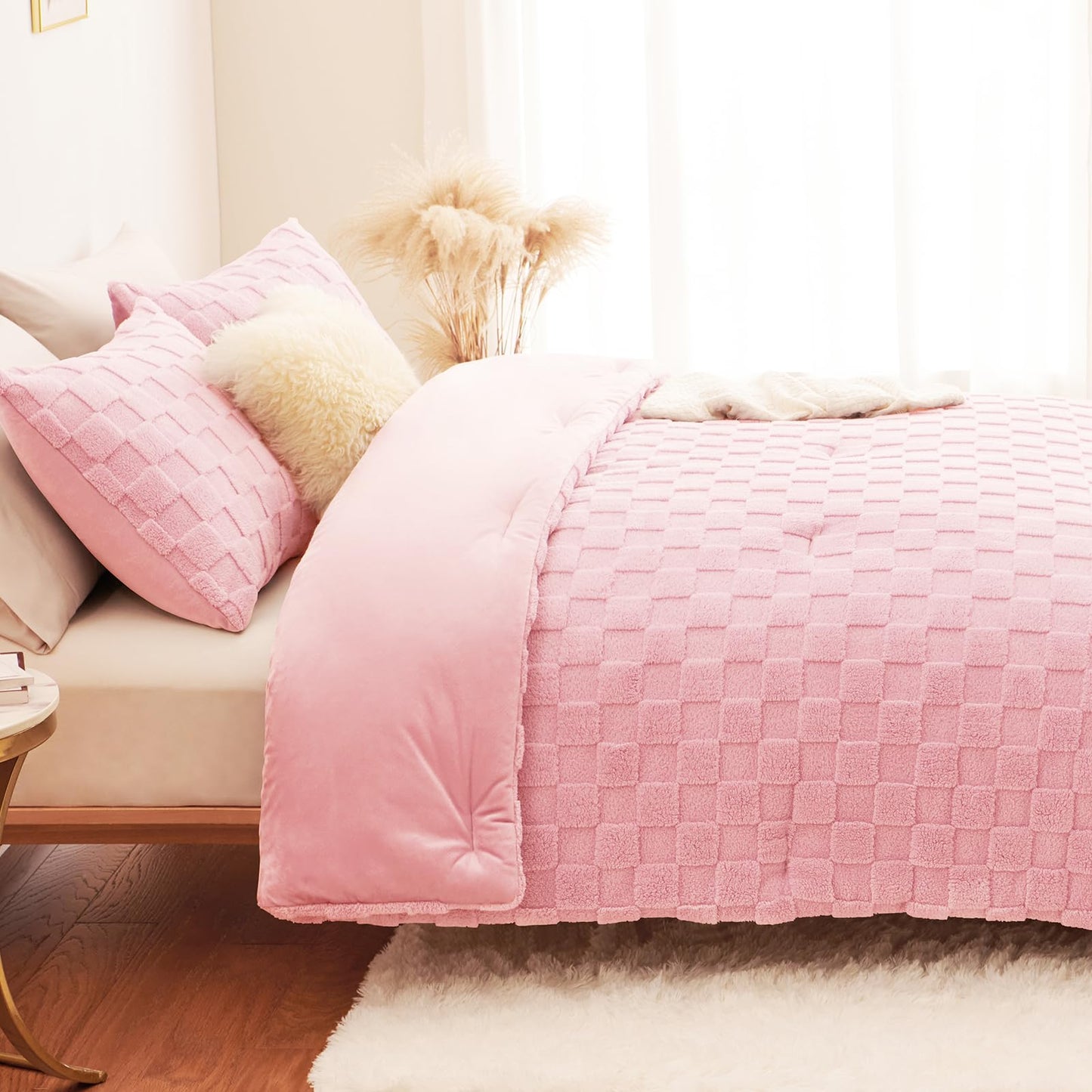 CozyLux Queen Size Comforter Set Blush Pink, Fluffy Plush Fleece Comforter with Checkered Pattern, Farmhouse Boho Soft Warm Bed Set, 3 Pieces, 1 Comforter and 2 Pillowcases