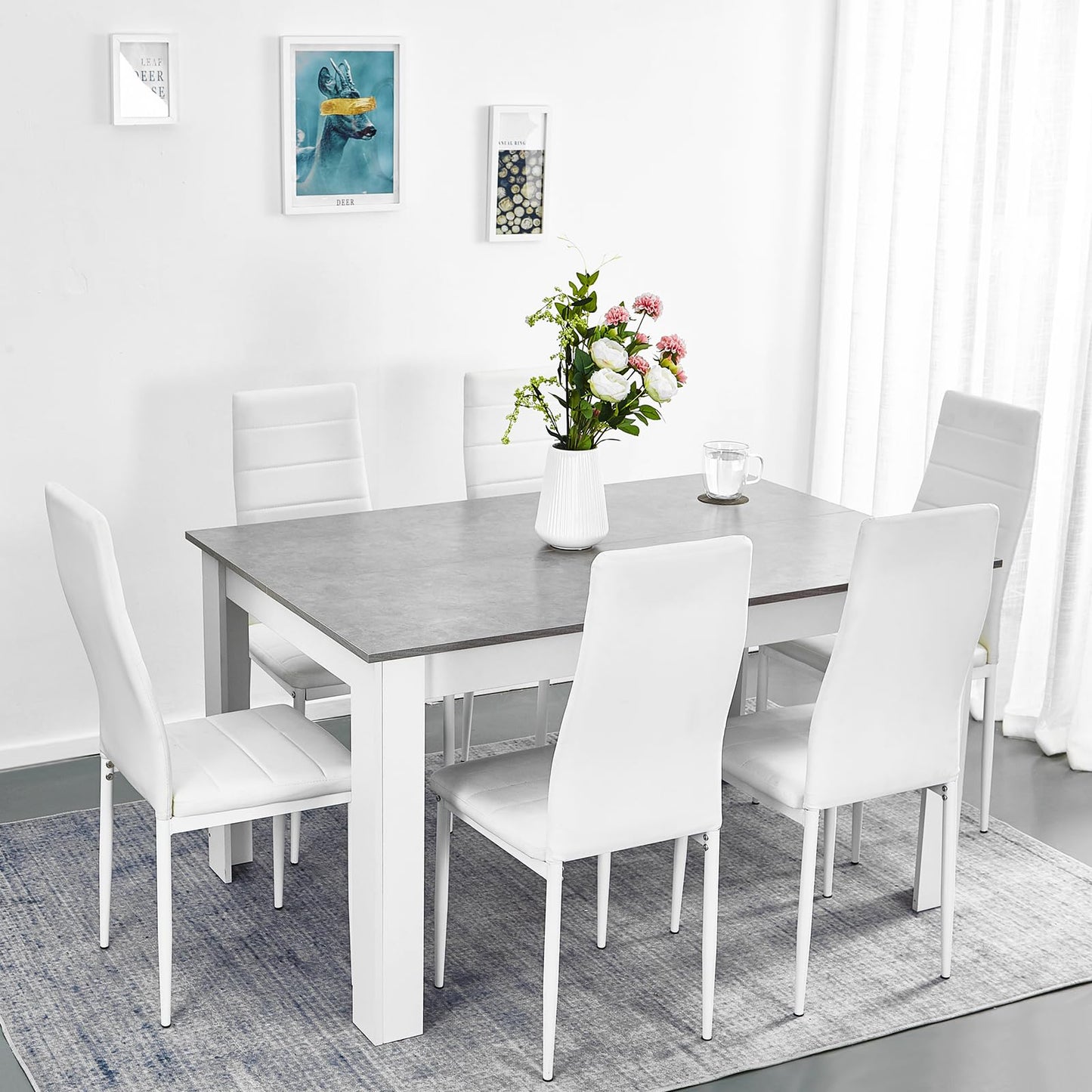 Mondeer Esstisch mit 6 Stühlen Set, Essgruppe mit Hochlehner Kunstleder Stuhl für Küche Esszimmer Wohnzimmer, W138 x D90 x H75 cm, Weiß und Grau