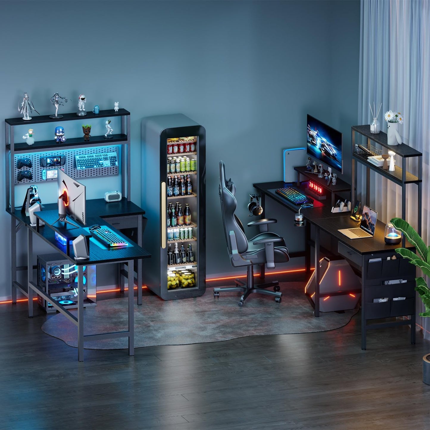 HLONONE Gaming Table with LED, 150 x 100 cm Gaming Desk, L Shape with 3 Sockets and 2 USB, Reversible Corner Desk, PC Corner Table, Computer Desk with Monitor Stand and Countertop Shelf, Black