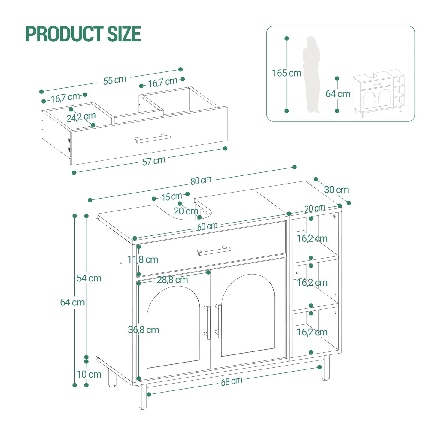 Hzuaneri BC28813G Bathroom Cabinet 1 Drawer 2 Cabinet Doors Open Compartment with 3 Levels Adjustable Shelf White 30 x 80 x 64 cm