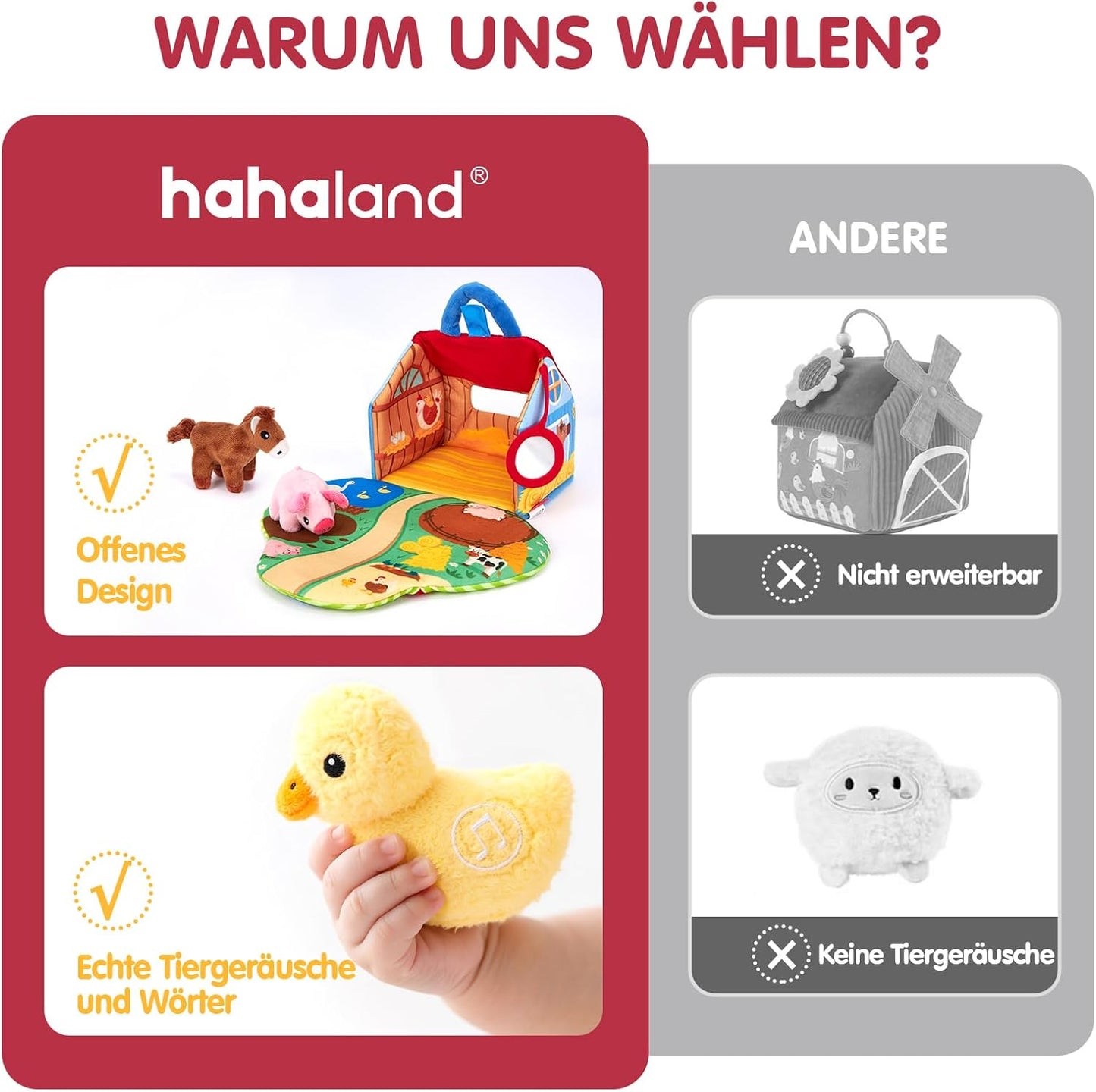 hahaland Bauernhof Baby Spielzeug 6 Monate mit 2-in-1 Scheunen & Spielmatten,7 Sensorik Plüschtiere Set– Macht Tiergeräusche & Spricht Englische Tiernamen,Montessori Baby Geschenk ab 6 7 8 9 10 Monate