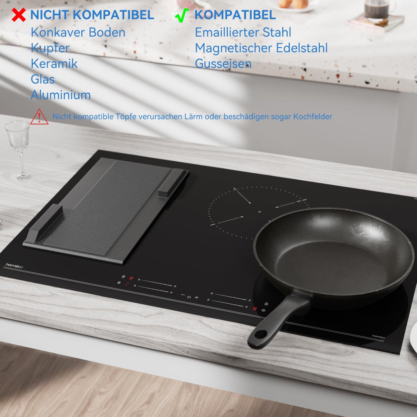 Hermitlux kochfeld 28,8cm, Glaskeramik Kochfeld 2 Platten, 9 Leistungsstufen, Touch-Steuerung, Timer, Kindersicherung, Geeignet für Alle Töpfe, 3300W