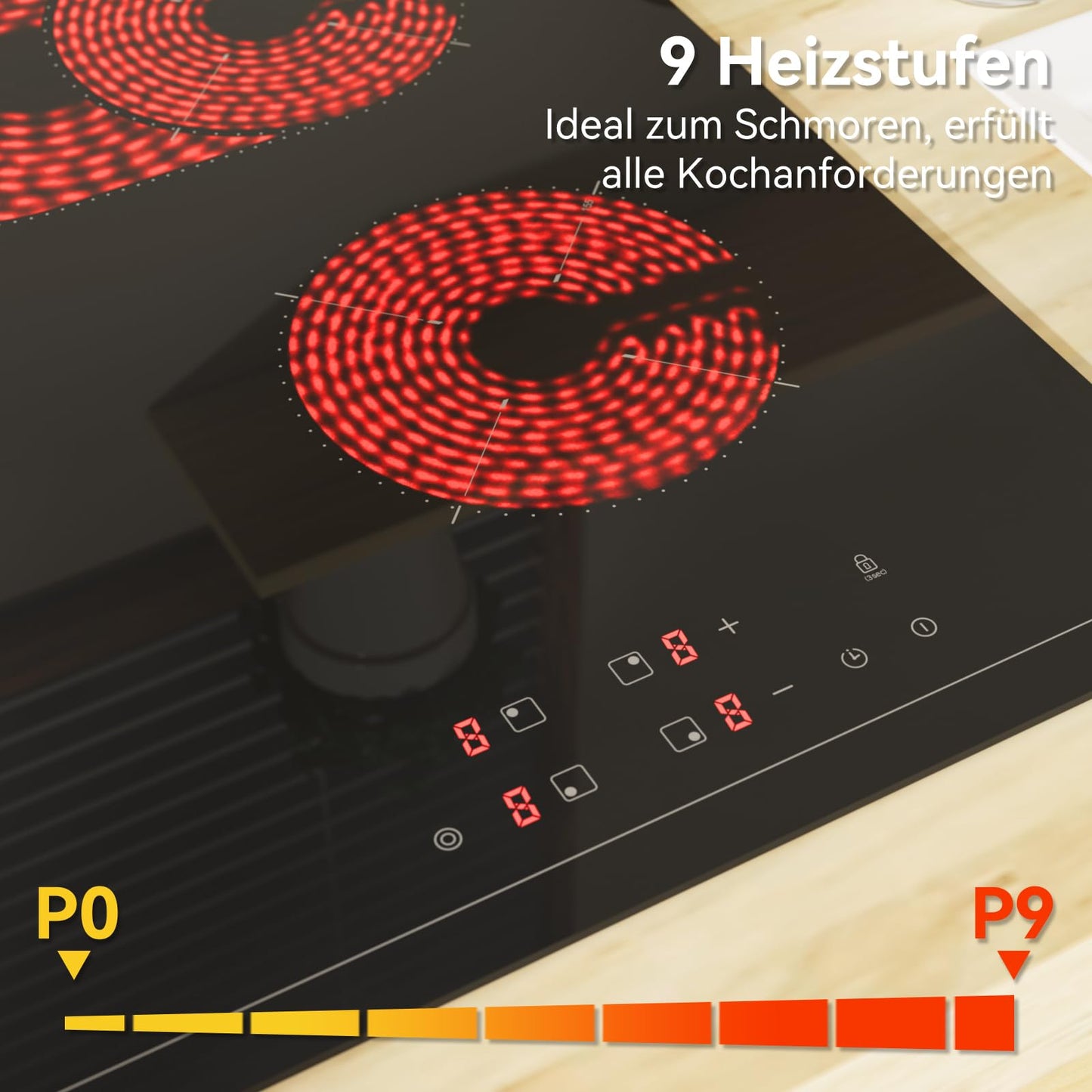 Hermitlux kochfeld 28,8cm, Glaskeramik Kochfeld 2 Platten, 9 Leistungsstufen, Touch-Steuerung, Timer, Kindersicherung, Geeignet für Alle Töpfe, 3300W